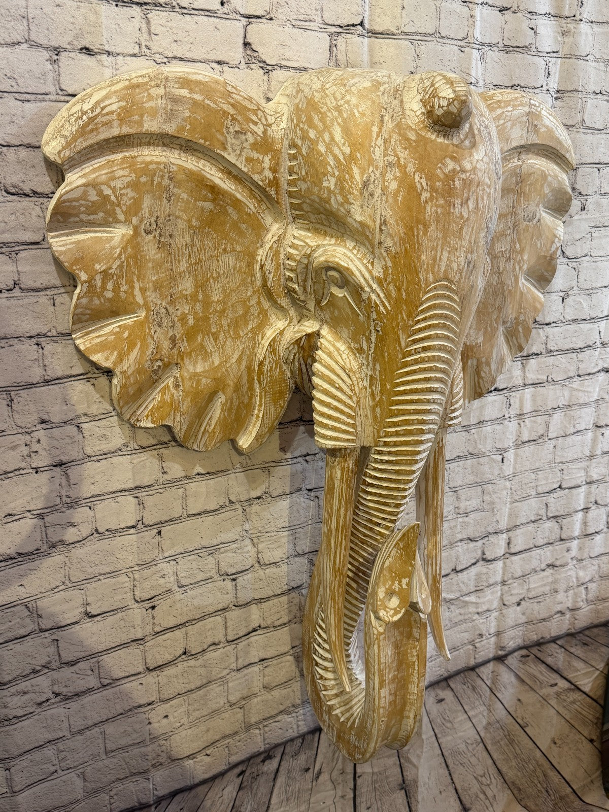 100cm x 80cm White Carved Wood Elephant Head Wall Mounted Art Large Shabby0
