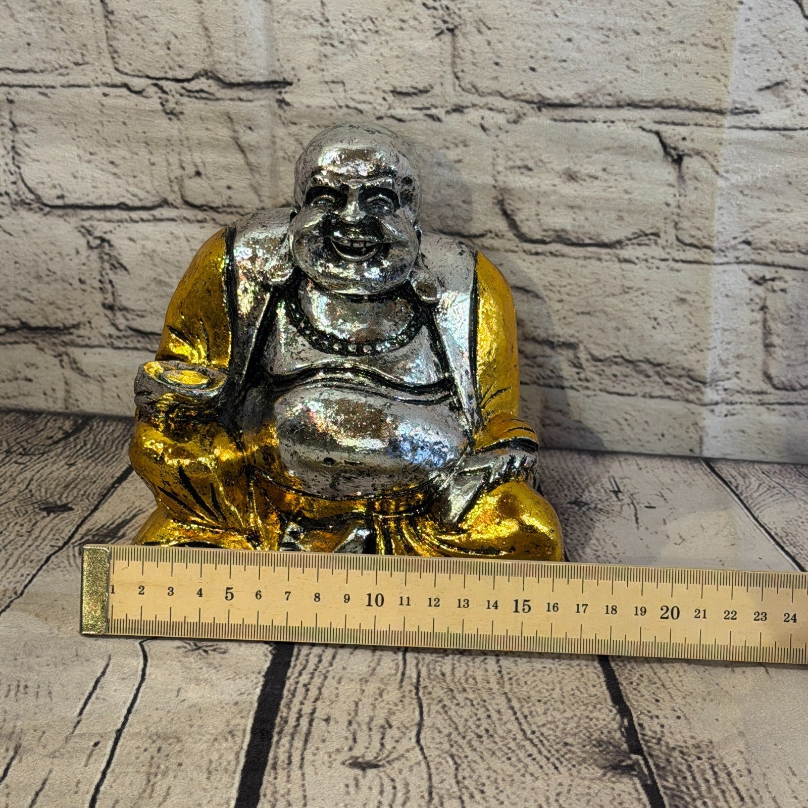 Silver And Gold 15cm x 15cm Large Chinese Buddha Sitting On Lotus Statue Resin6