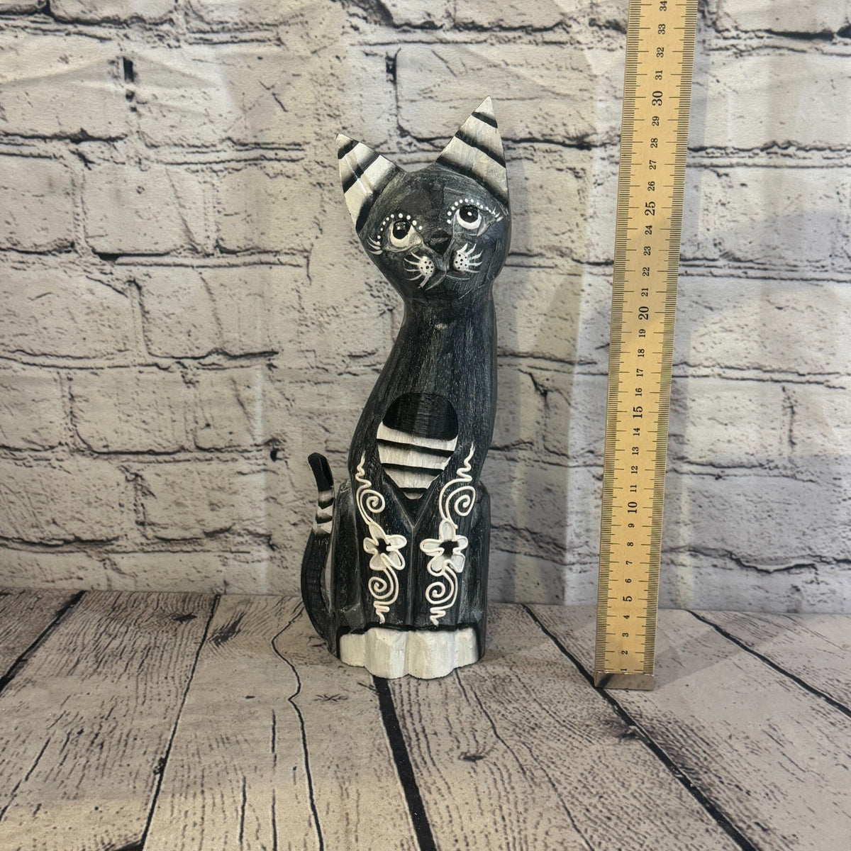 30cm Grey Flower Wooden Shabby Cat Statue Ornament Fair Trade Handcarved5