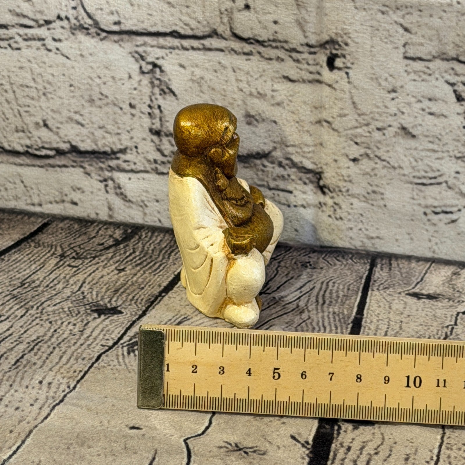 Cream & Bronze 10cm x 10cm Small Chinese Buddha Sitting On Lotus Statue Resin7