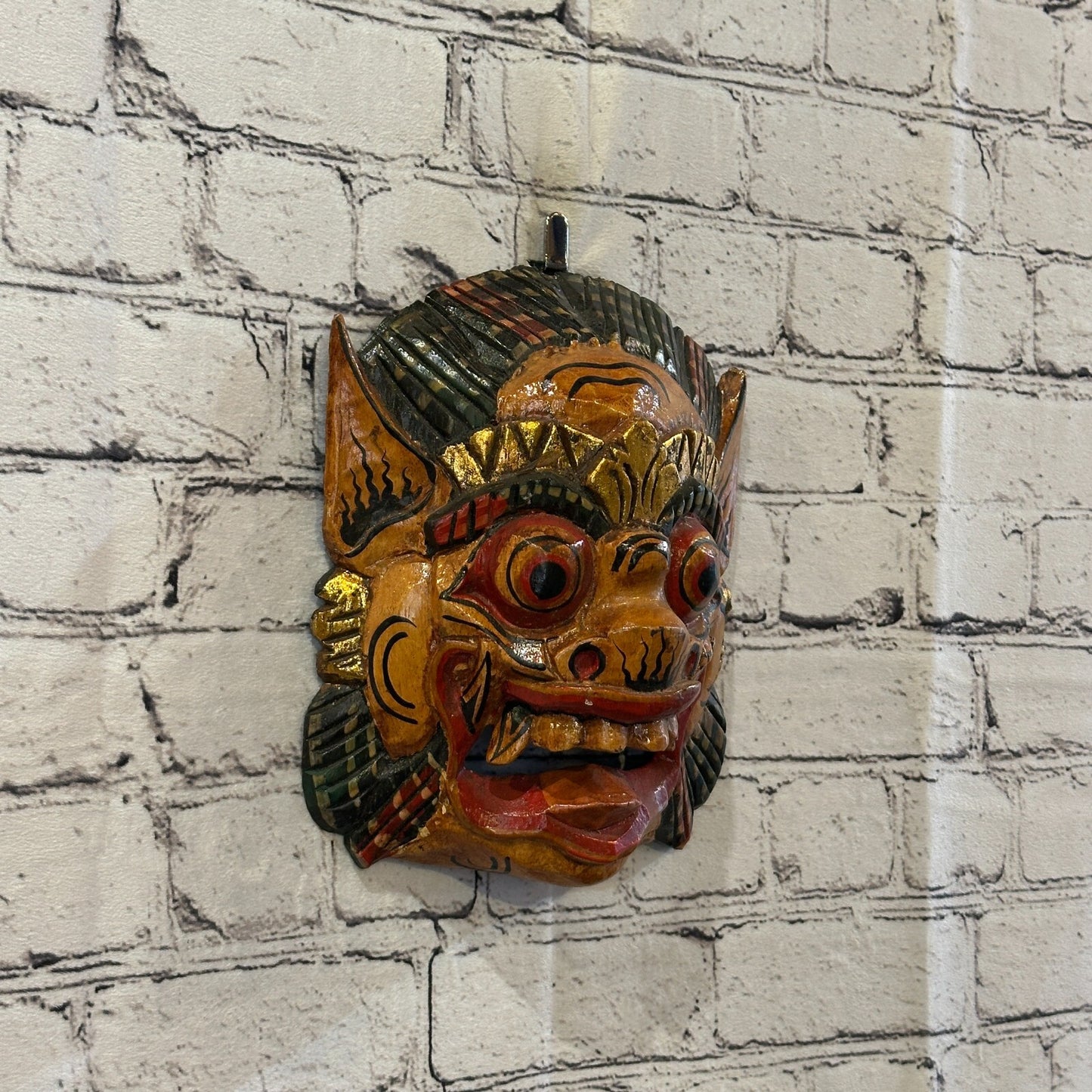 Large Wooden Natural Barong Wall Mask 20cm x 20cm Handmade And Fairtrade Hindu0