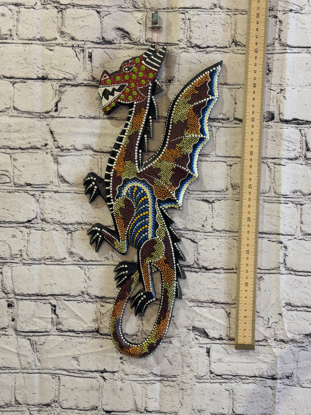 45cm Dragon Carved Wooden Dot Painted Ethnic Tribal Tiki Wall Art No 14