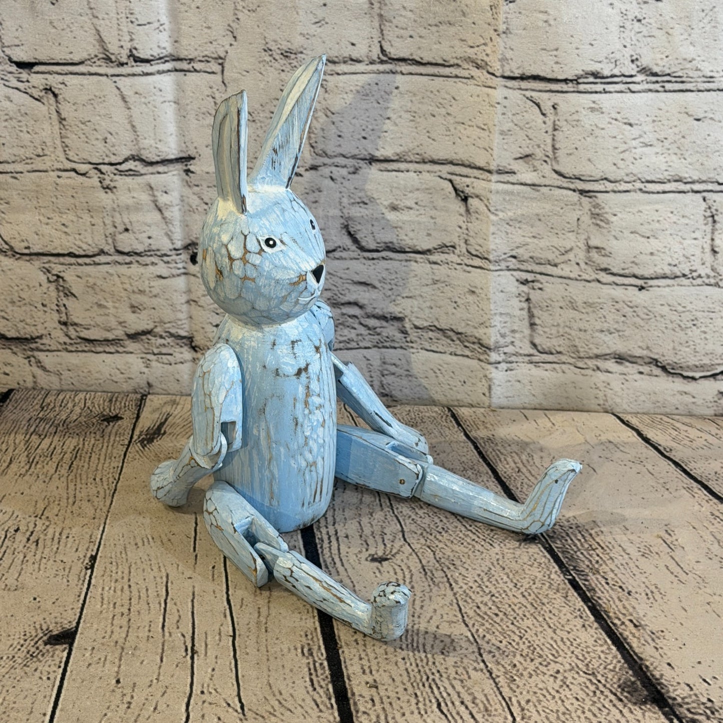 25cm Blue Bunny Rabbit Sitting Animal, Wooden Shelf Ornament Handmade Fairtrade2
