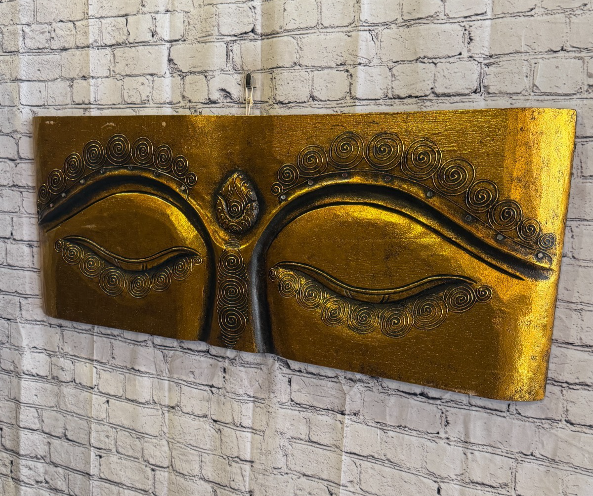 100cm x 40cm Gold Buddha Eyes Wall Art Plaque Handcarved Wooden Wood Panel2