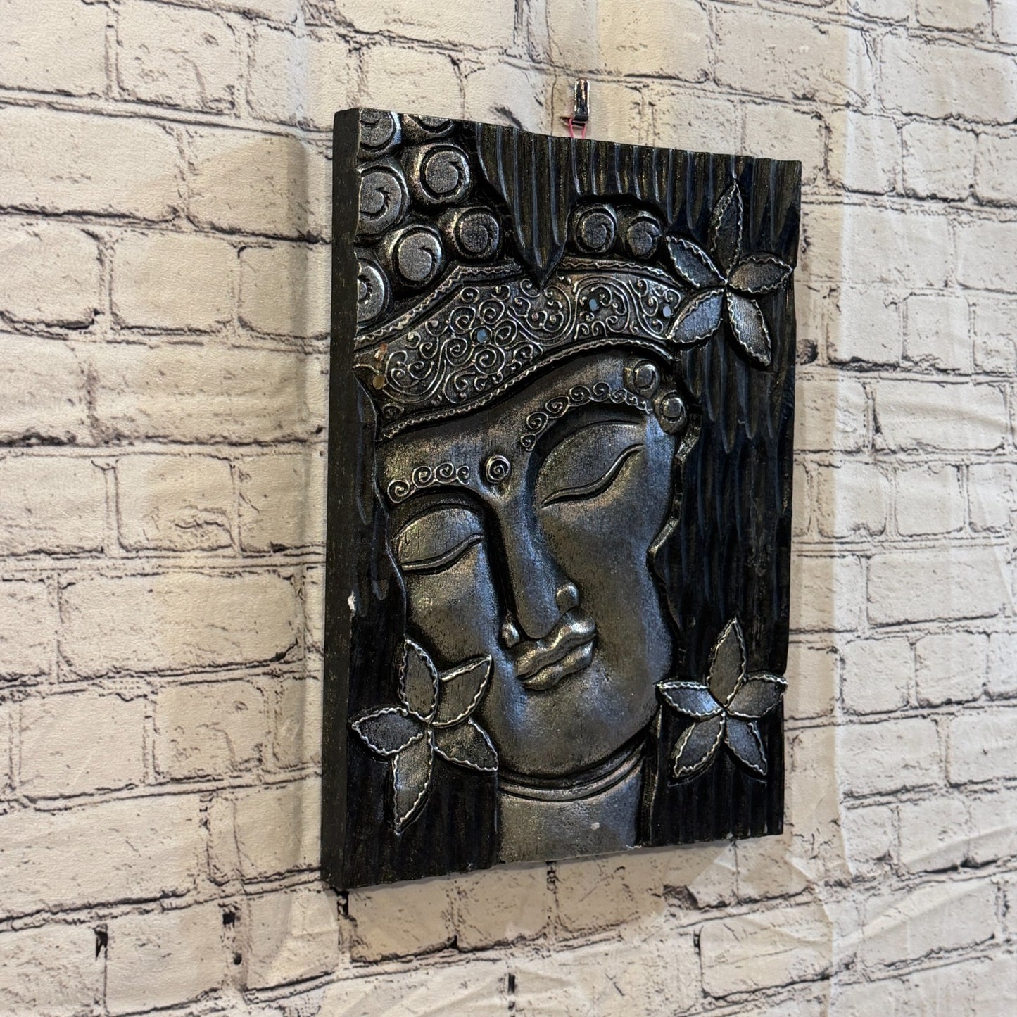 Wooden Wood Panel 40cm Silver Black Buddha Flower Wall Art Plaque Handcarved0