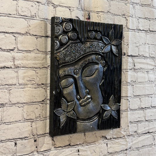 Wooden Wood Panel 40cm Silver Black Buddha Flower Wall Art Plaque Handcarved0