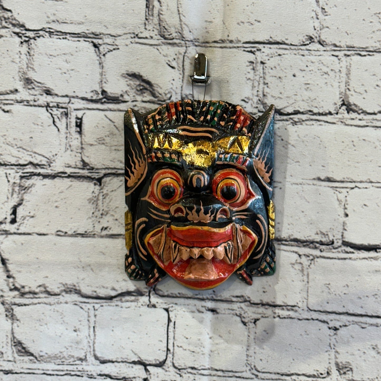 Small Wooden Black Barong Wall Mask 15cm x 12cm Handmade And Fairtrade Hindu2