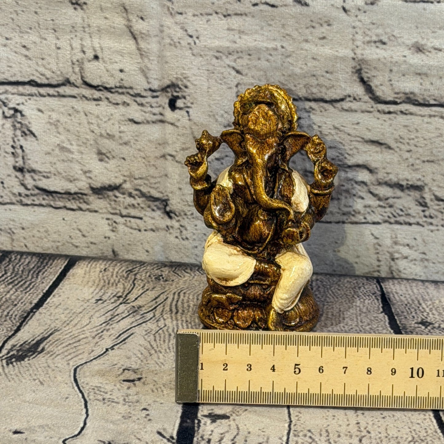 Cream & Bronze 12cm Small Ganesh Ganesa Sitting On Lotus Statue Resin Hindu6