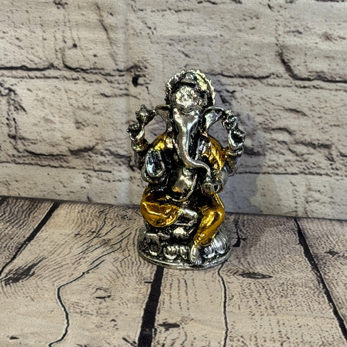 Gold & Silver 12cm Small Ganesh Ganesa Sitting On Lotus Statue Resin Hindu1