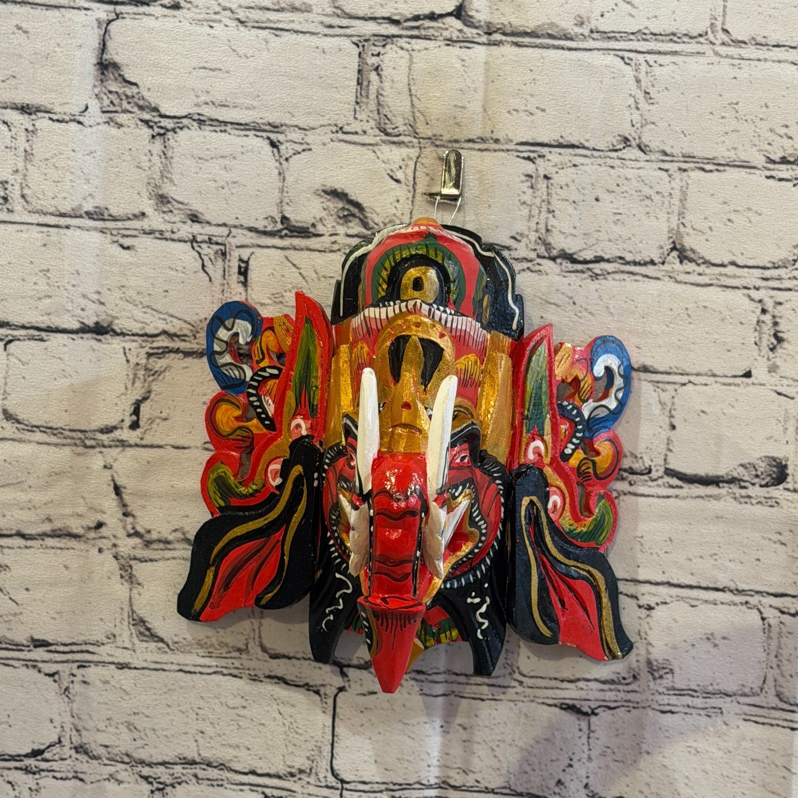 25cm Ganash Ganesha Red Elephant Hindu Deity Wooden Hand Carved Mask Painted7