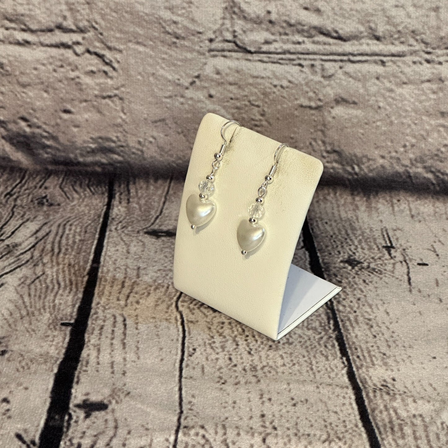 White Crystal And White Heart Shaped Dangle Drop Earrings Handmade UK Jewellery1