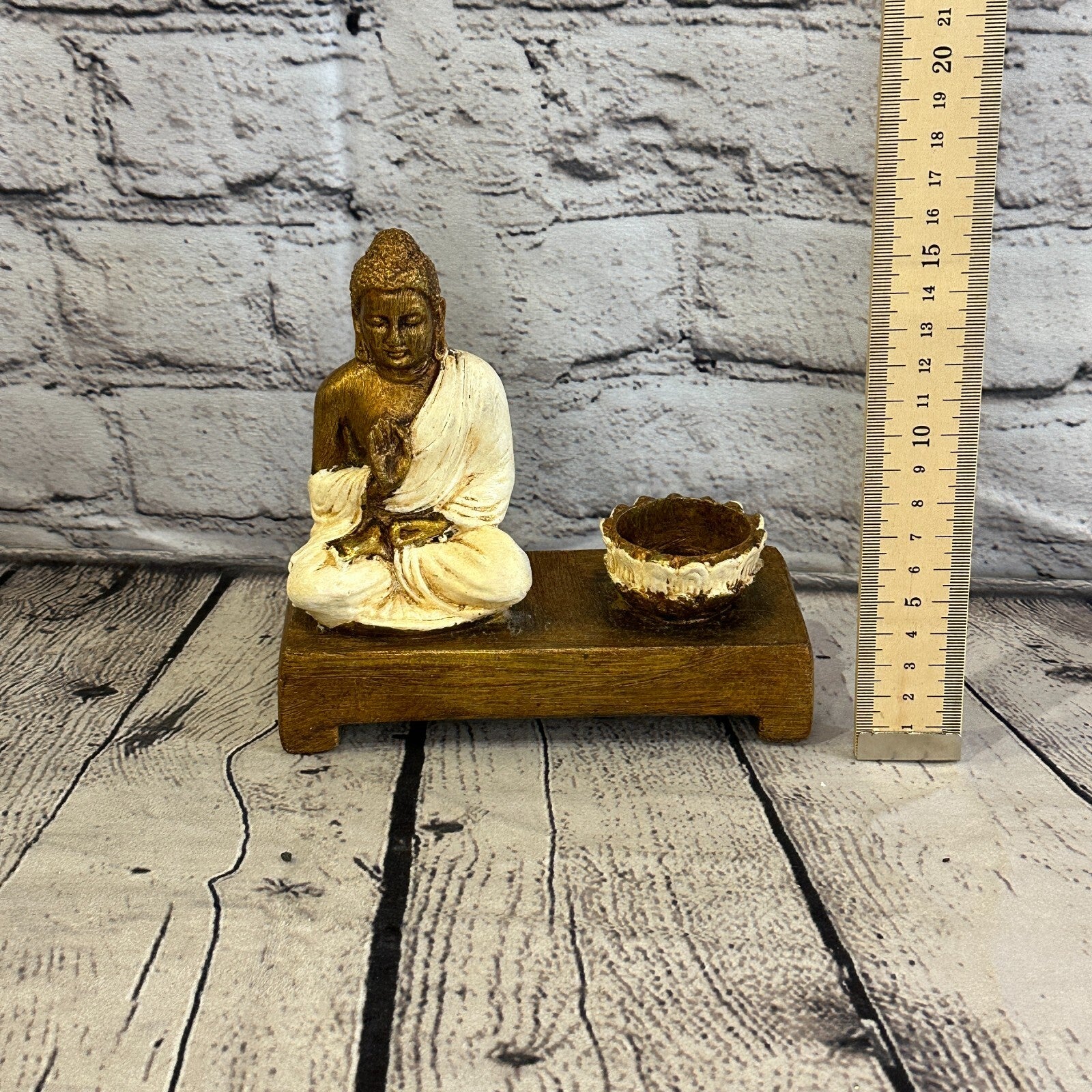 White & Bronze 15cm x 15cm Thai Buddha Tea Light Holder Statue Resin Hindu6
