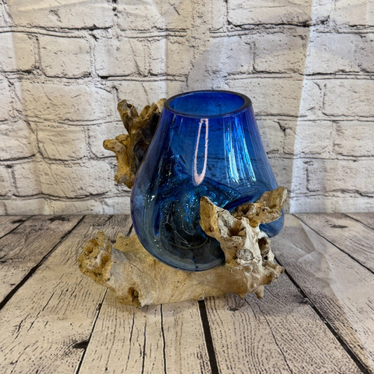 20cm Tall Blue Colour Melted Glass Wood Decorative Vase Glass Sculpture Crafted0