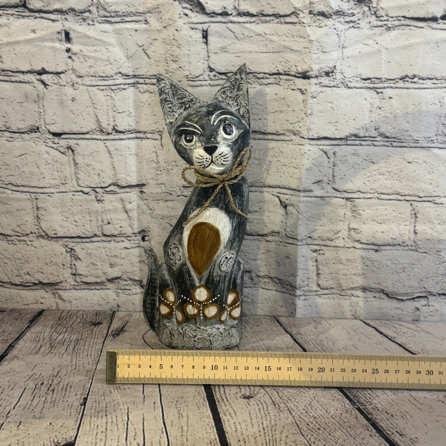 30cm Grey Silver Dots Wooden Shabby Cat Statue Ornament Fair Trade Handcarved6