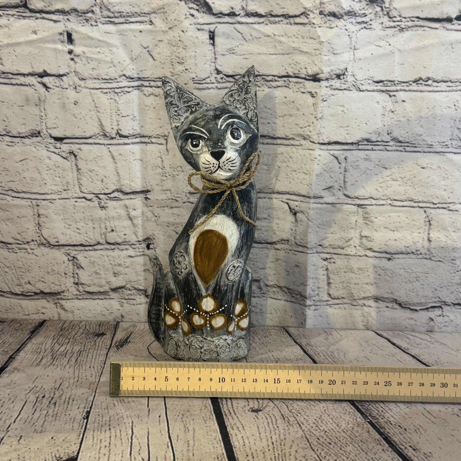 30cm Grey Silver Dots Wooden Shabby Cat Statue Ornament Fair Trade Handcarved6