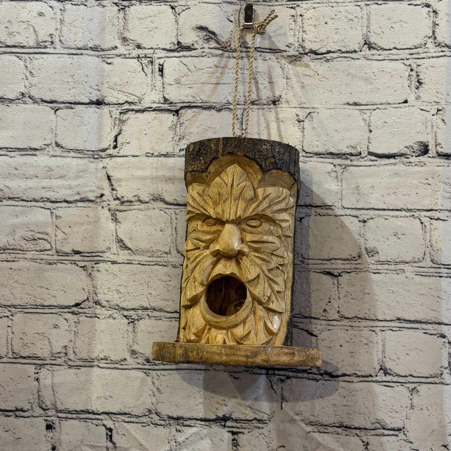 Green Man Of The Woods Bird House 20cm Carved Wizard Tree Trunk Wood Fairtrade9