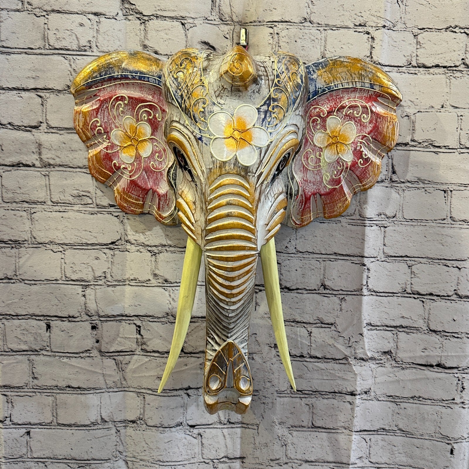 50cm x 45cm Pink Flower Painted Wood Elephant Head Wall Mounted Art Shabby2