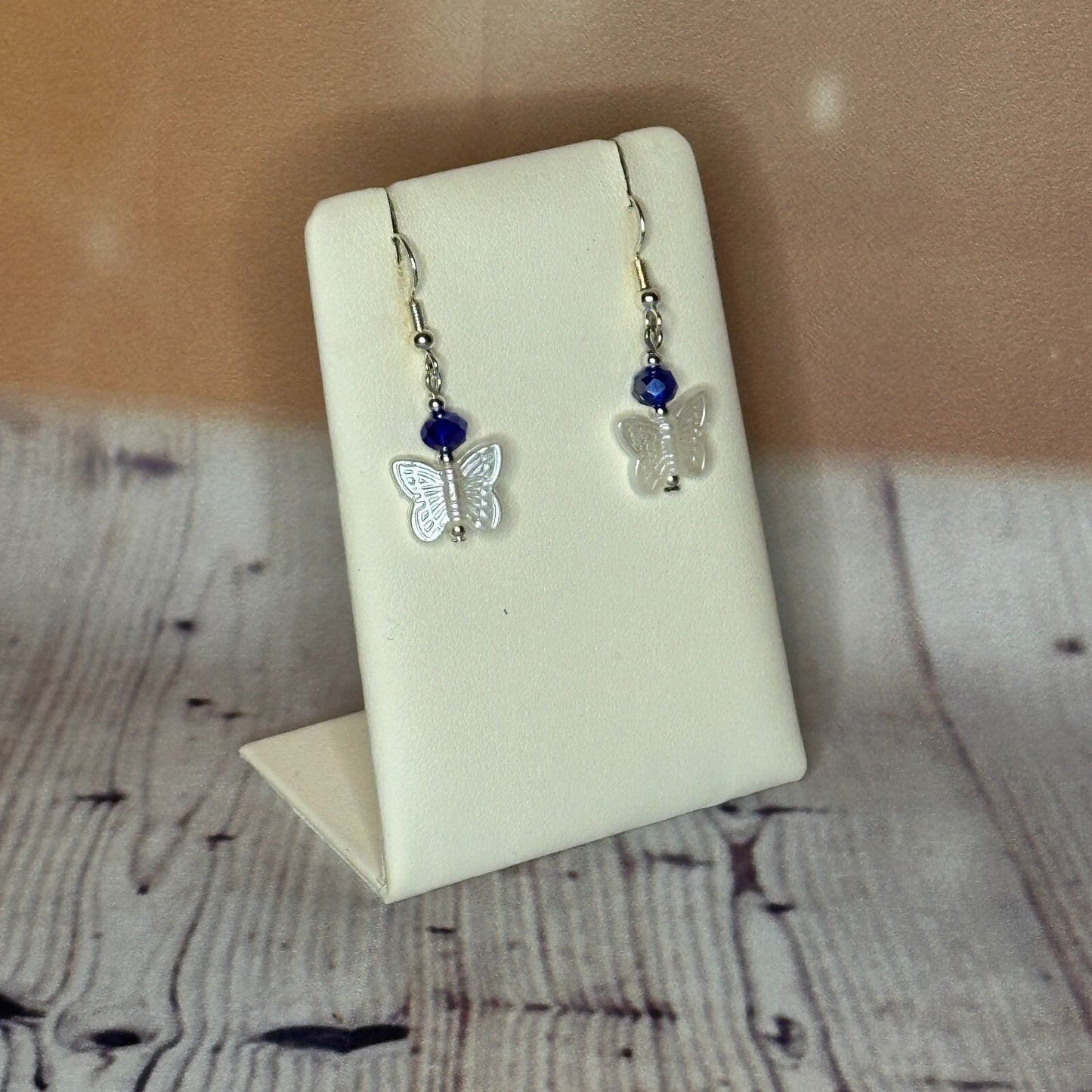 D Blue Crystal And White Butterfly Dangle Drop Earrings Handmade UK Jewellery2