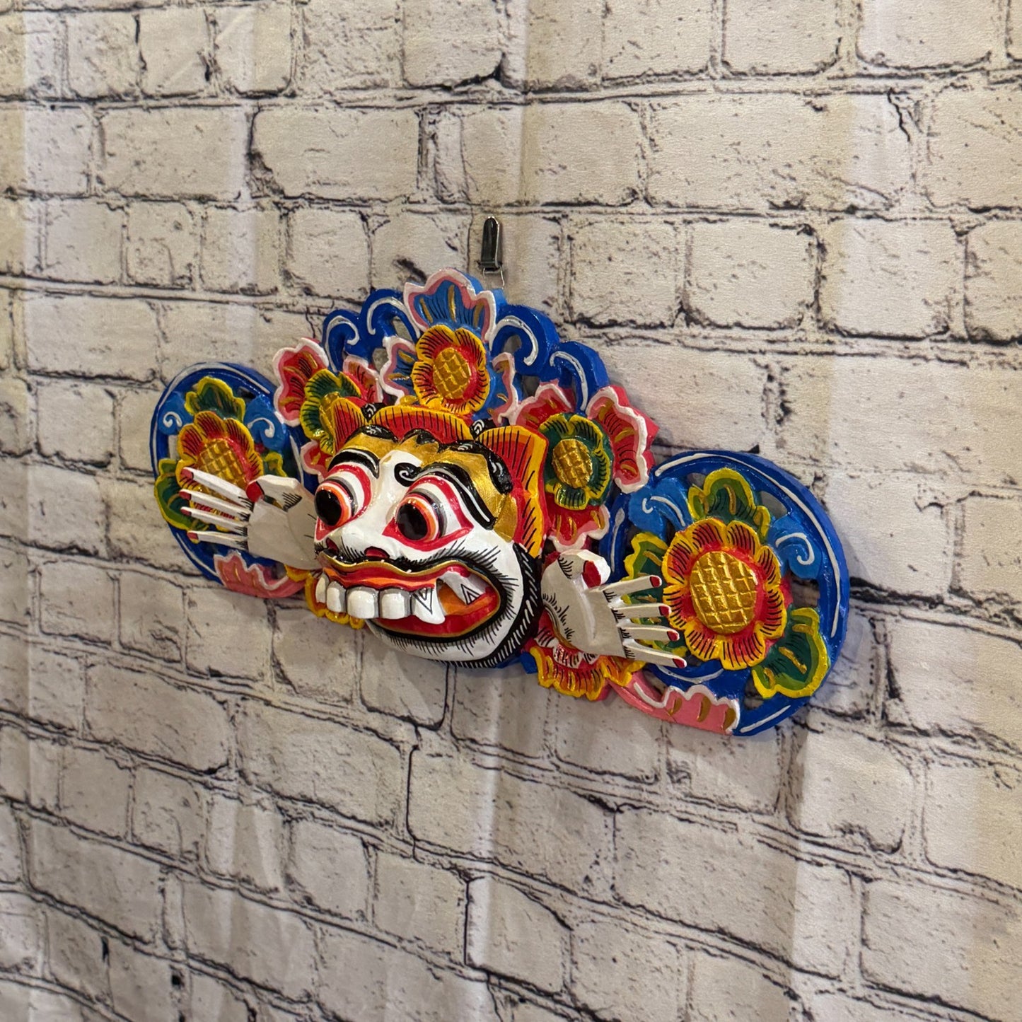 40cm Barong Boma White Demon Dragon Hindu Deity Wooden Hand Carved Mask Painted1