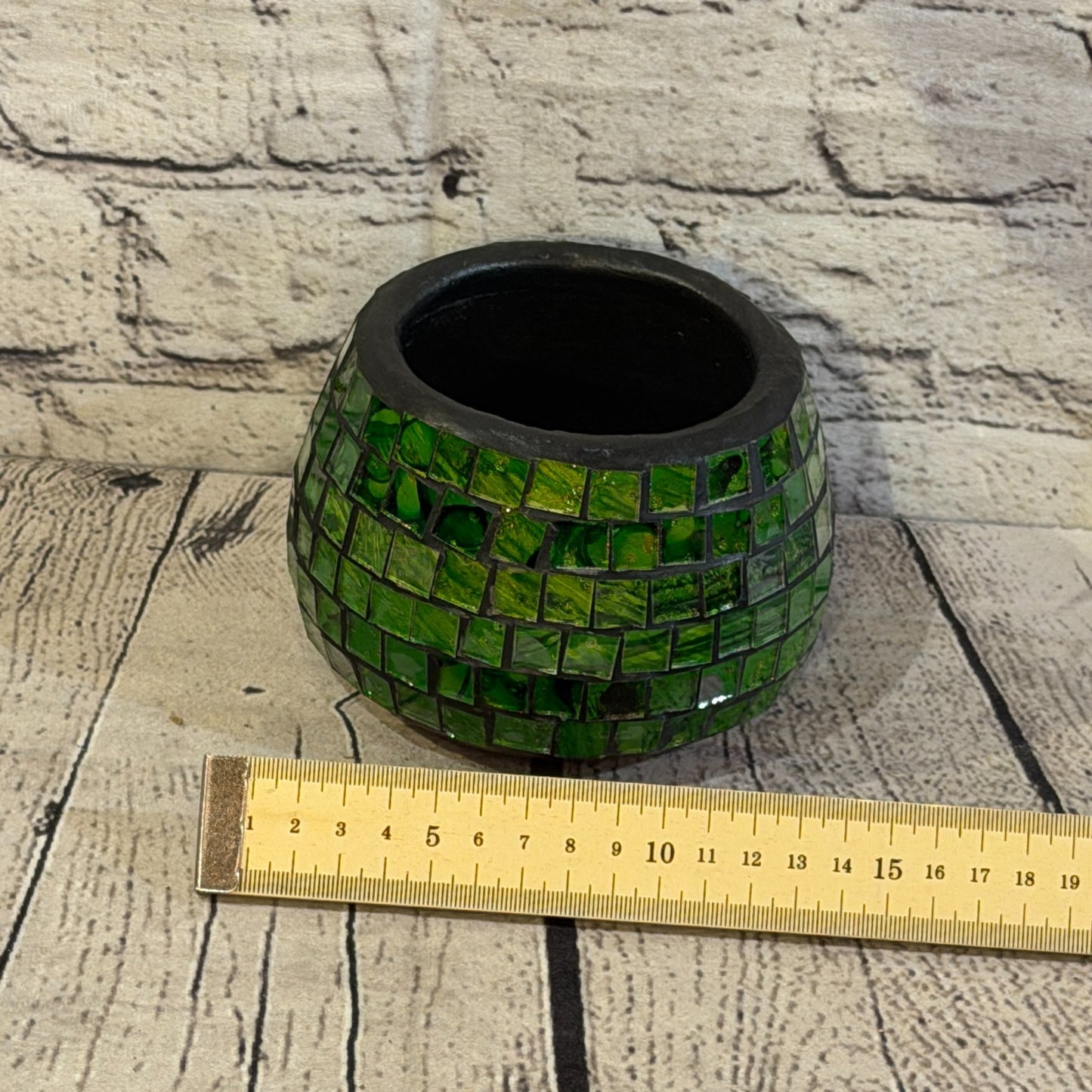 Green Small Pot 12cm Round Mosaic Pottery Incense Holder Burner Detail1