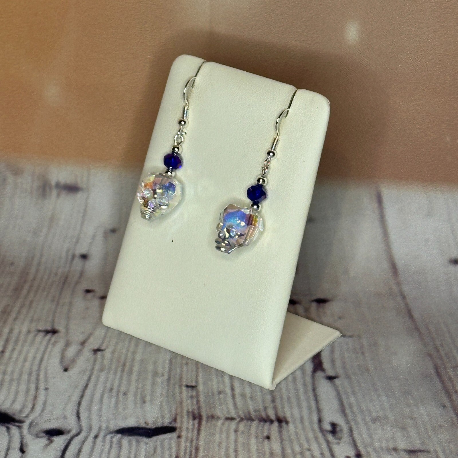 Dark Blue Crystal And Skull Shaped Dangle Drop Earrings Handmade UK Jewellery1