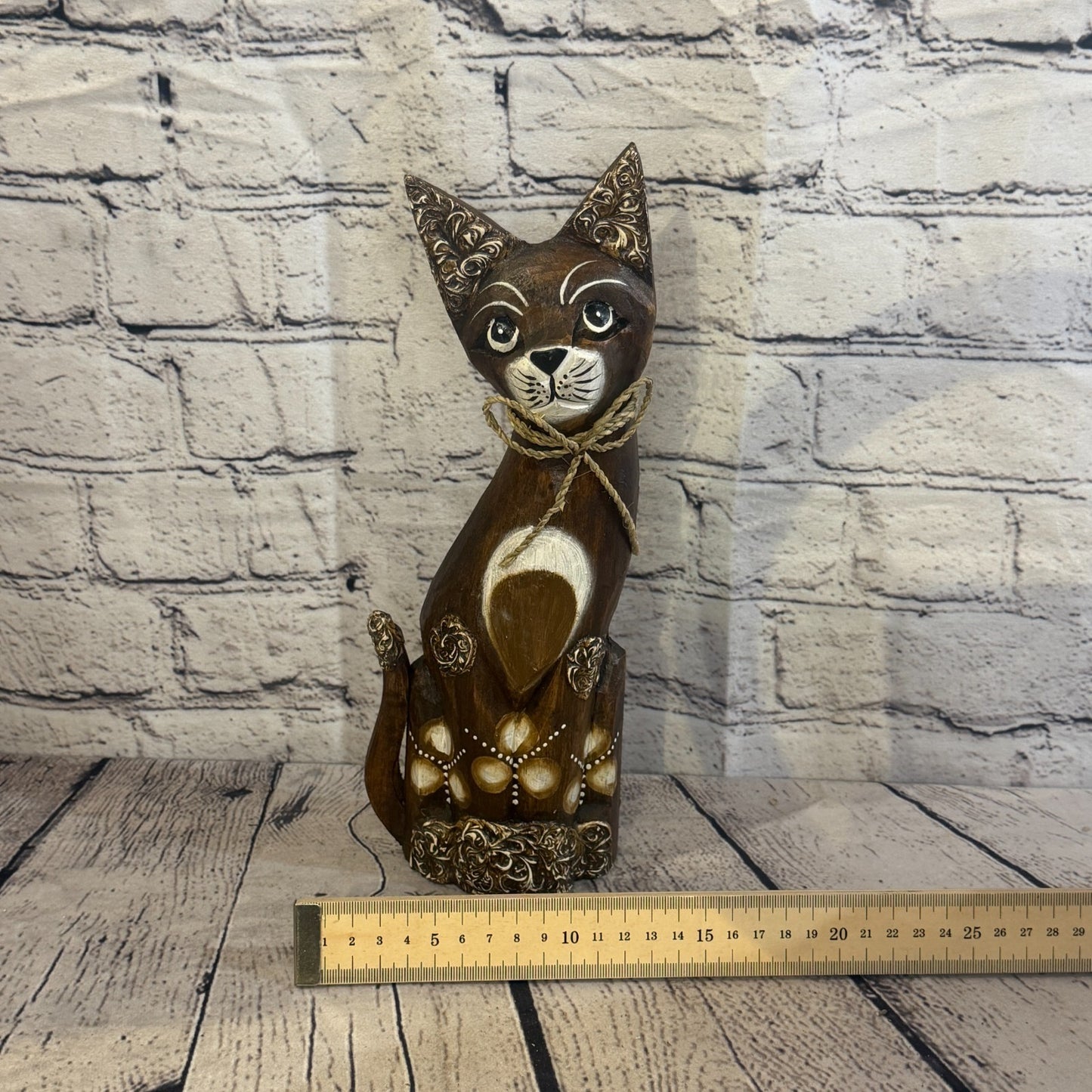 30cm Brown Silver Dots Wooden Shabby Cat Statue Ornament Fair Trade Handcarved6