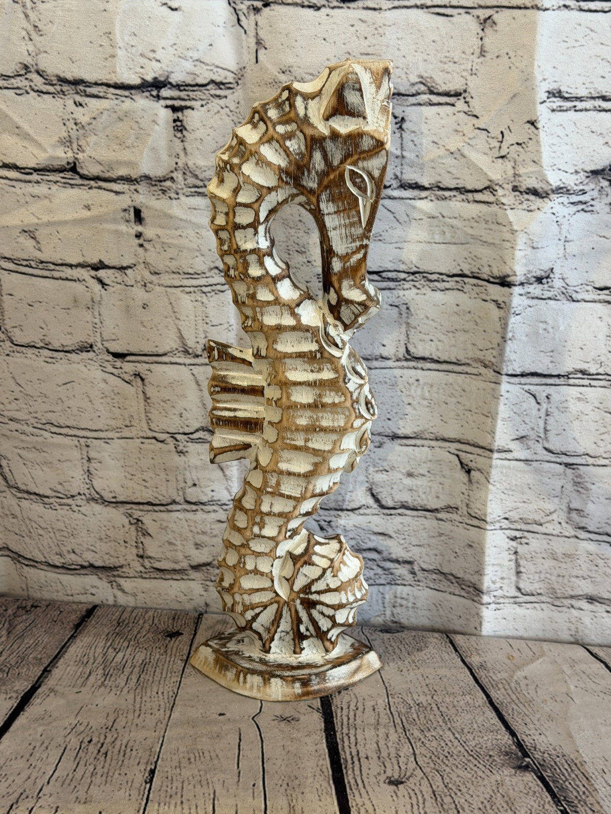 40cm Brown Wooden Shabby Seahorse Statue Ornament Fair Trade Handcarved3