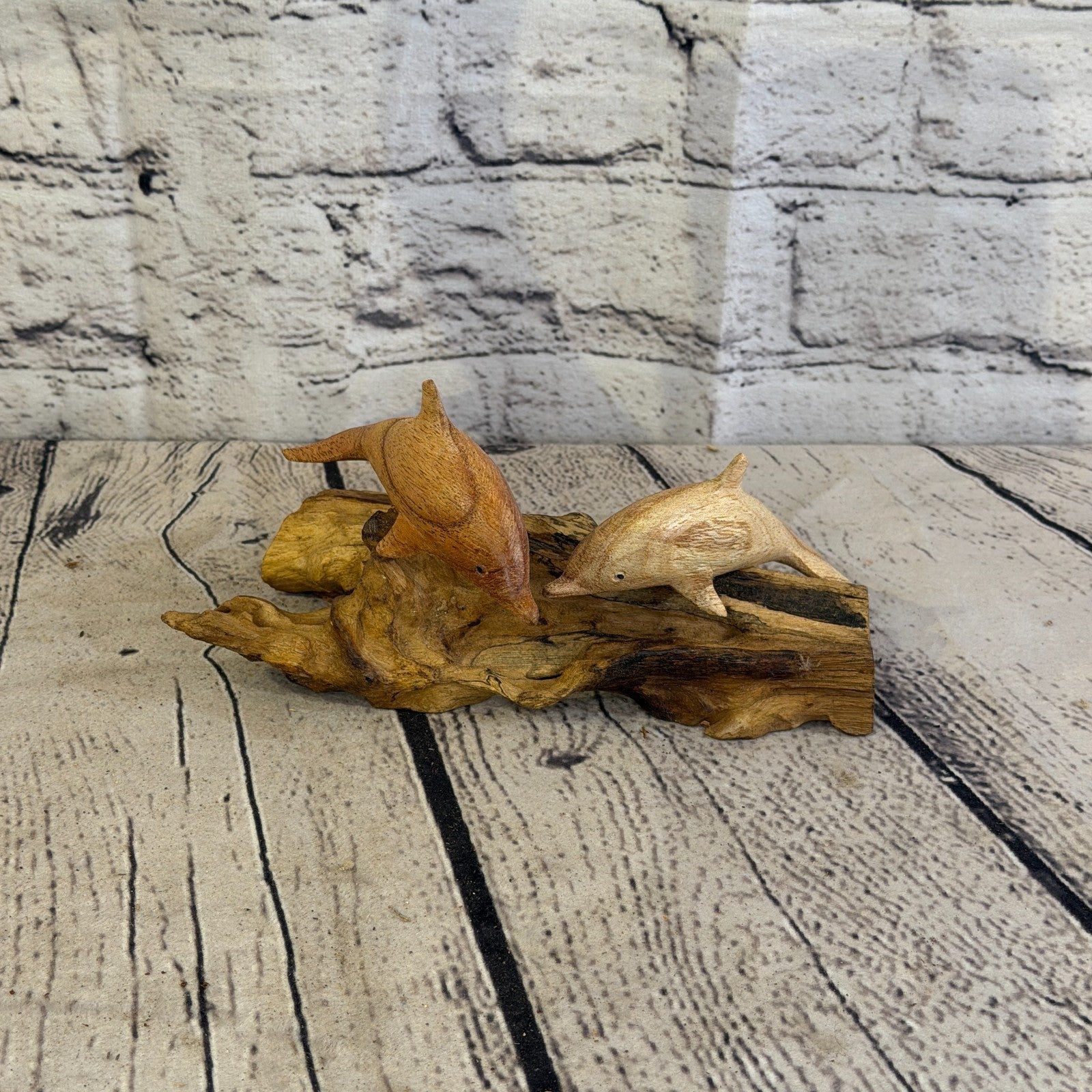 15cm Double Dolphin Mushroom Parasite Ornament Natural Carving Fairtrade Wooden0