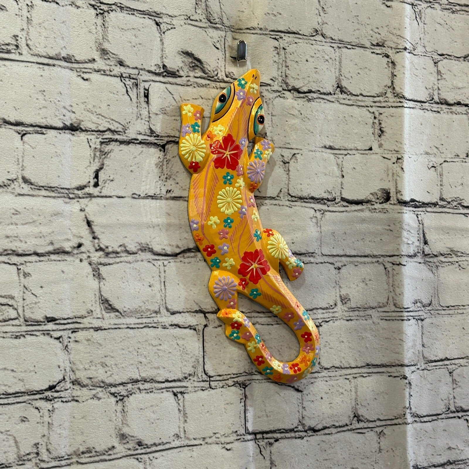 30cm Gecko Lizard Orange Flower Wood Wall Hanging Wooden Ornaments Carving0