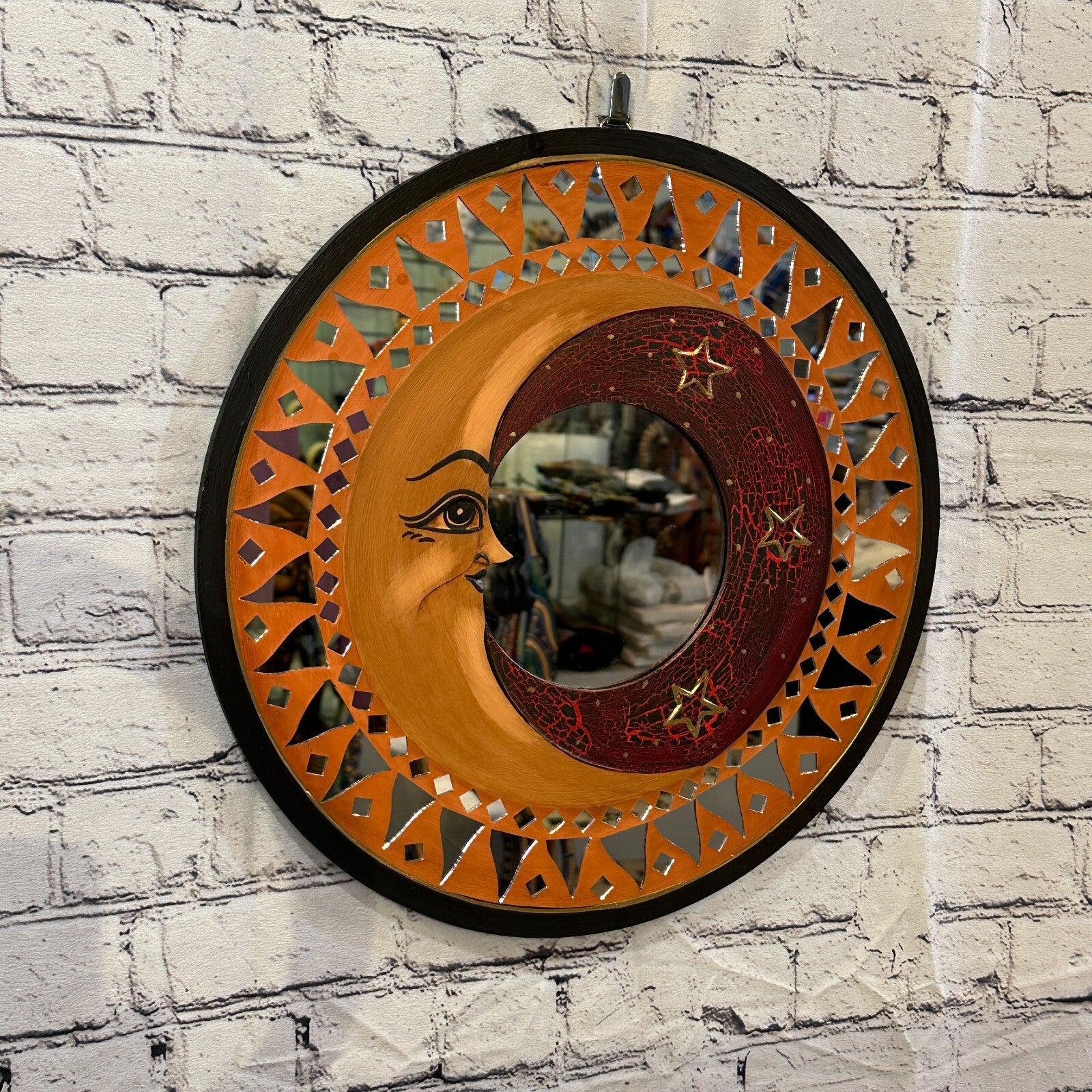 Red Full Moon Mosaic Tile Wall Mirror 40cm x 40cm 16 Inches Handmade Fairtrade0