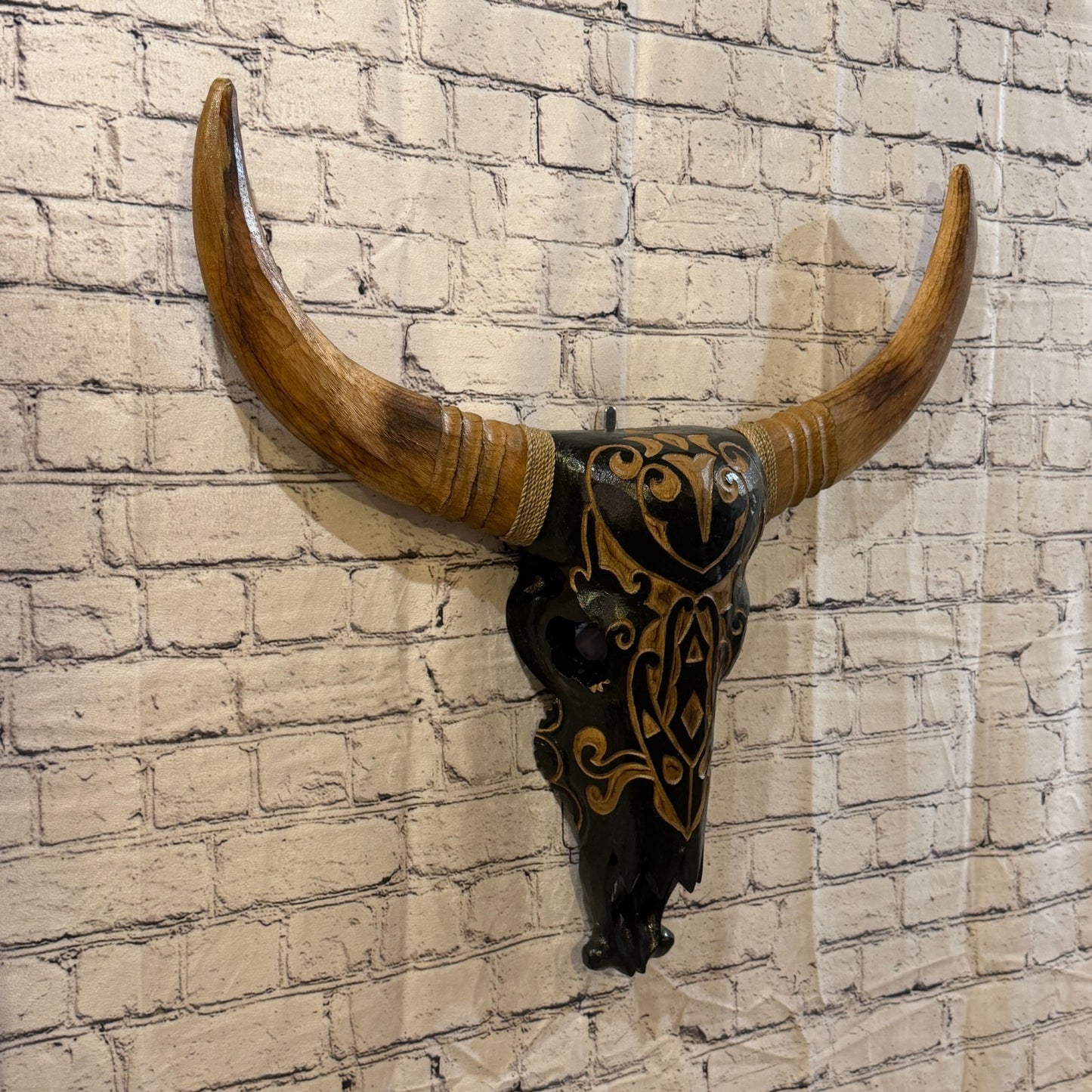 60cm x 60cm Brown Light Painted Wood Cow Skull Head Wall Mounted Art Shabby0