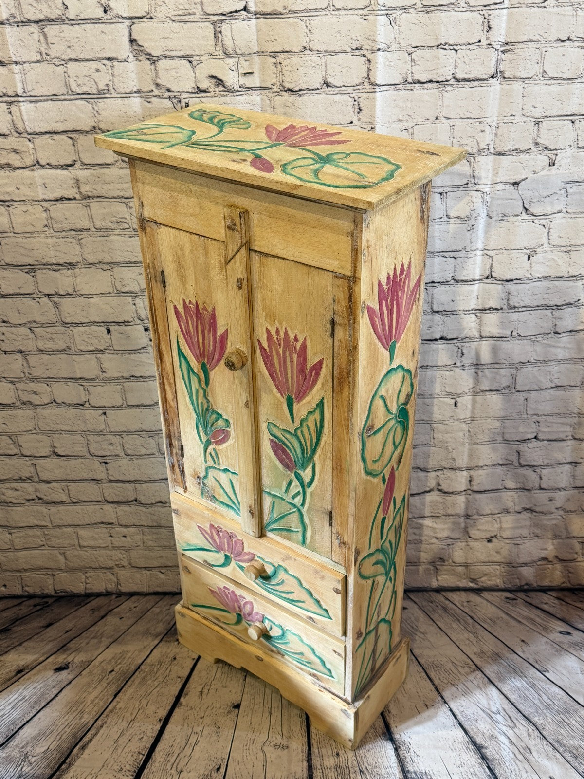 100cm x 45cm Flower 2 Door Pillar Wooden Side Cabinet Living Storage Furniture0