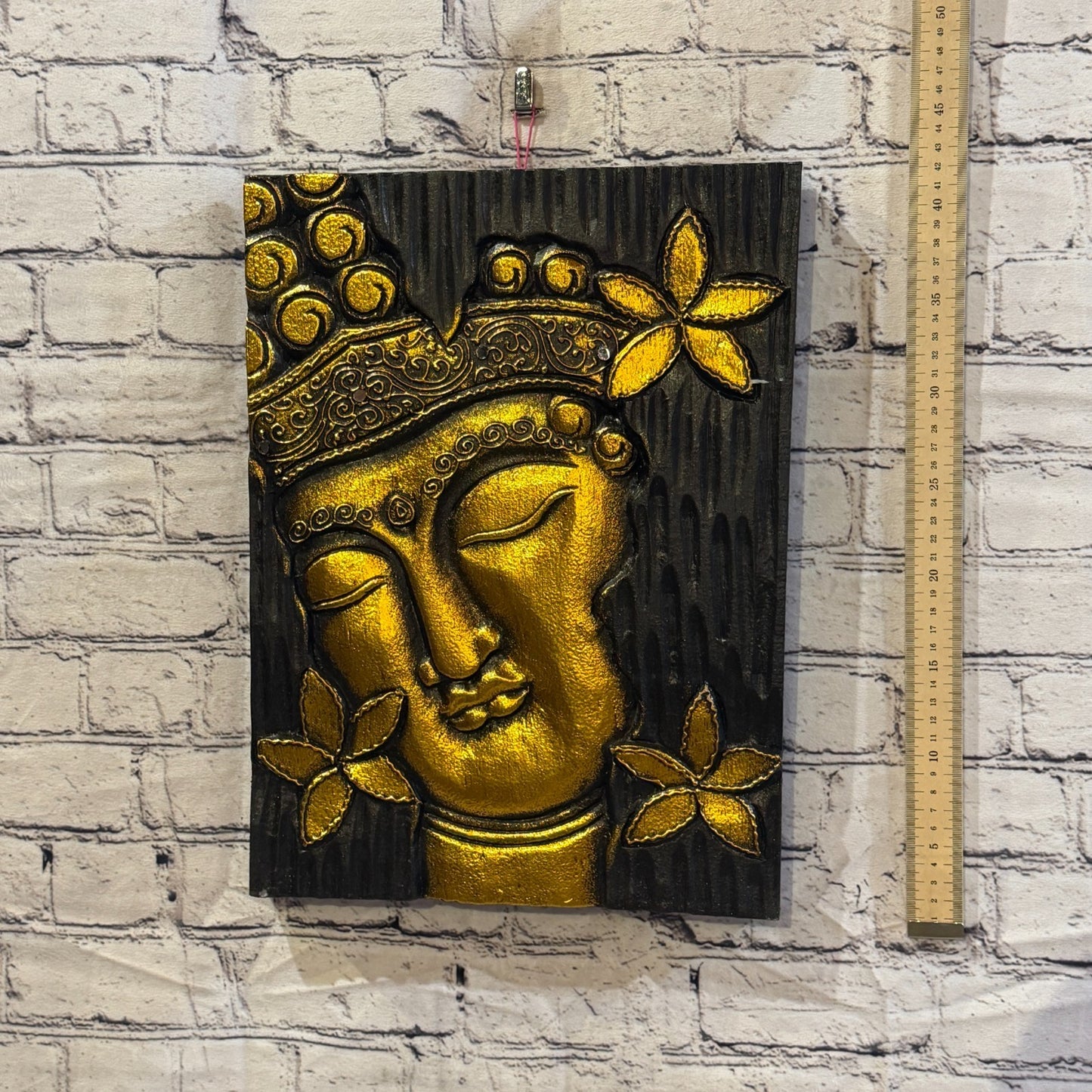 Wooden Wood Panel 40cm Gold Black Buddha Flower Wall Art Plaque Handcarved4