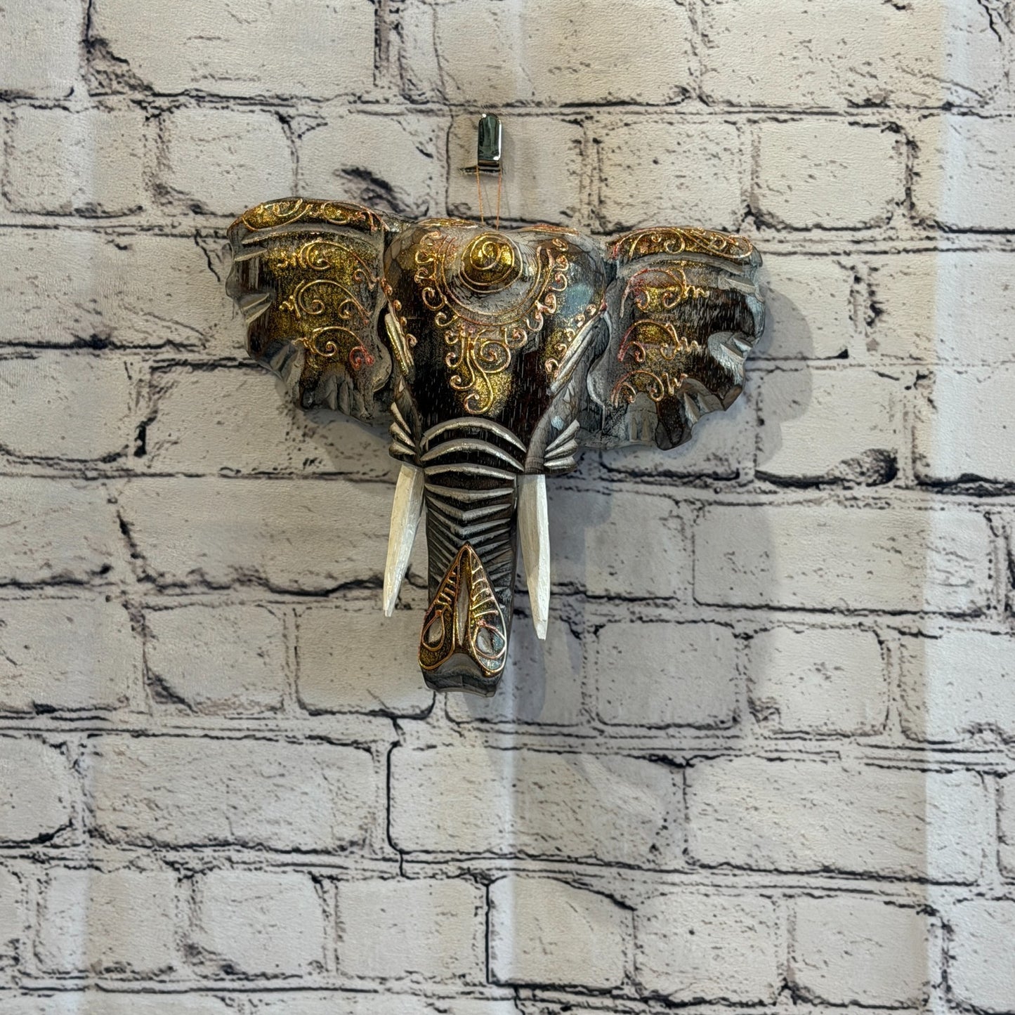 20cm x 20cm Brown Gold Painted Wood Elephant Head Wall Mounted Art Shabby2