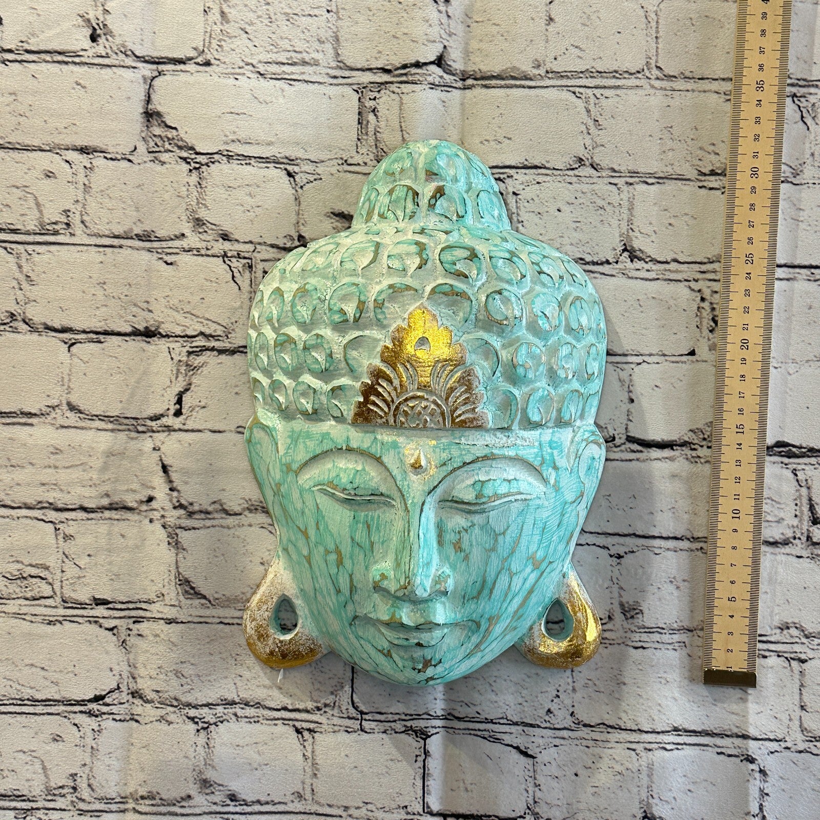 30cm x 20cm Green Buddha Head Mask Wooden Hanging Statue Figurine Ornament3