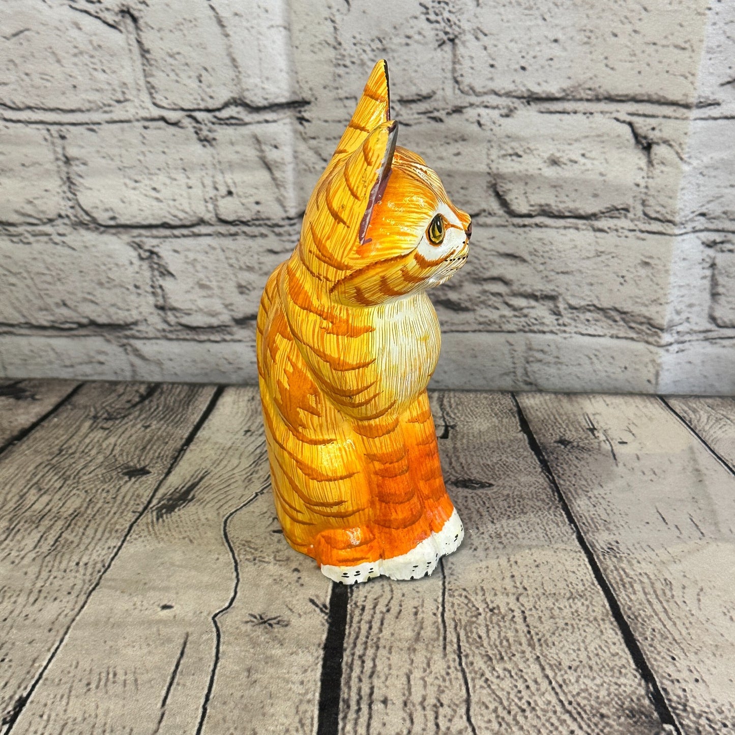 20cm x 10cm Tabby Orange Sitting Style Painted Wooden Hand Carved Cat Wooden3