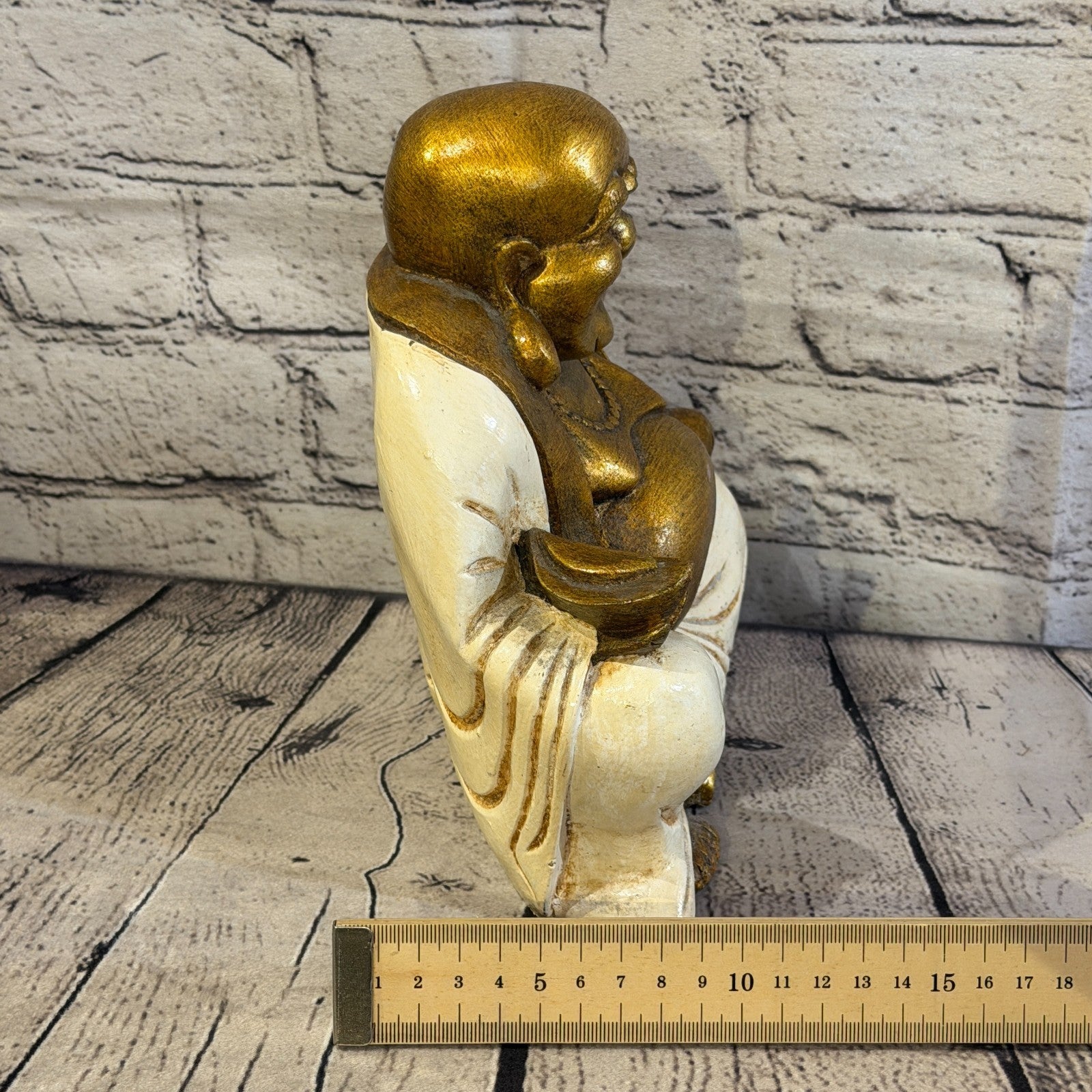 Cream & Bronze 20cm x 20cm Large Chinese Buddha Sitting On Lotus Statue Resin7
