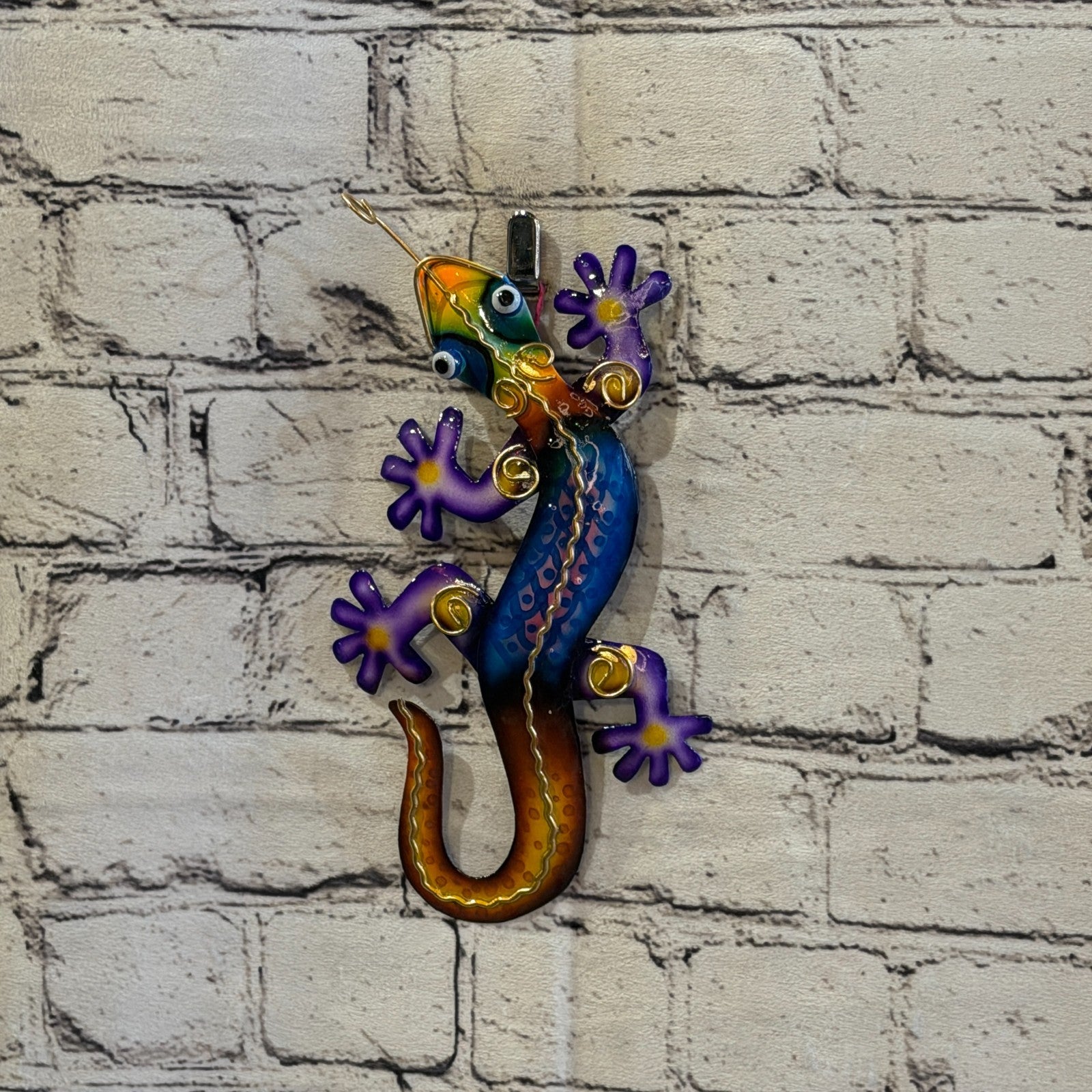 20cm x 10cm Blue Gecko Lizard Metal Tin Wall Hanging Ornament Painted Statue2