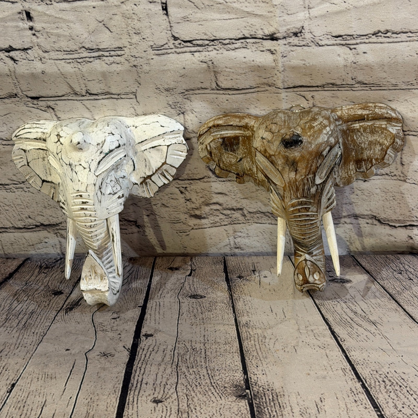 20cm x 20cm Plain White Painted Wood Elephant Head Wall Mounted Art Shabby7