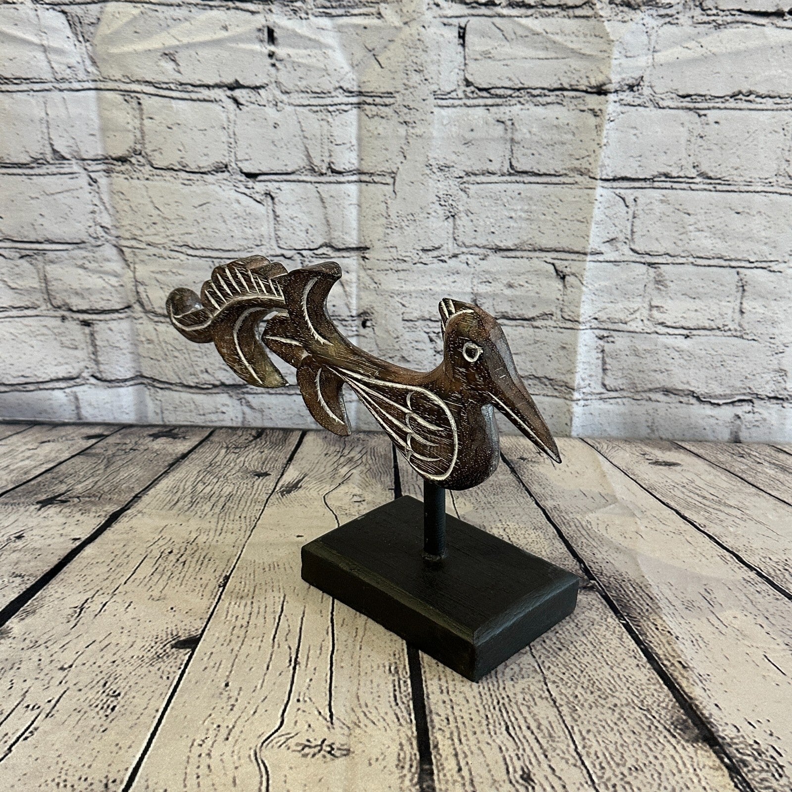 40cm x 20cm Wooden Tribal Primitive Black Phoenix Bird Stand Sculpture Statue3