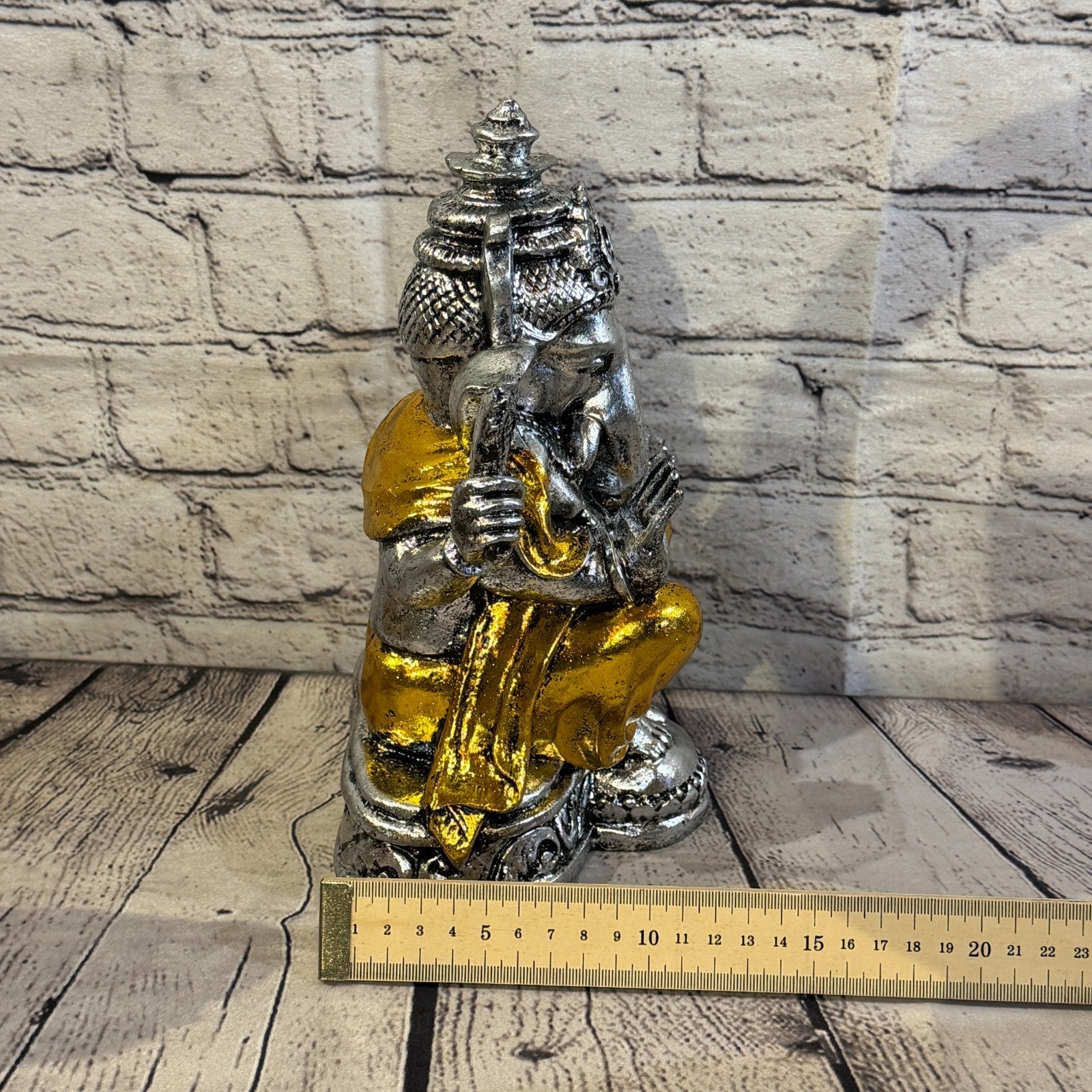 Silver And Gold 25cm Large Ganesh Ganesa Sitting On Lotus Statue Resin Hindu7