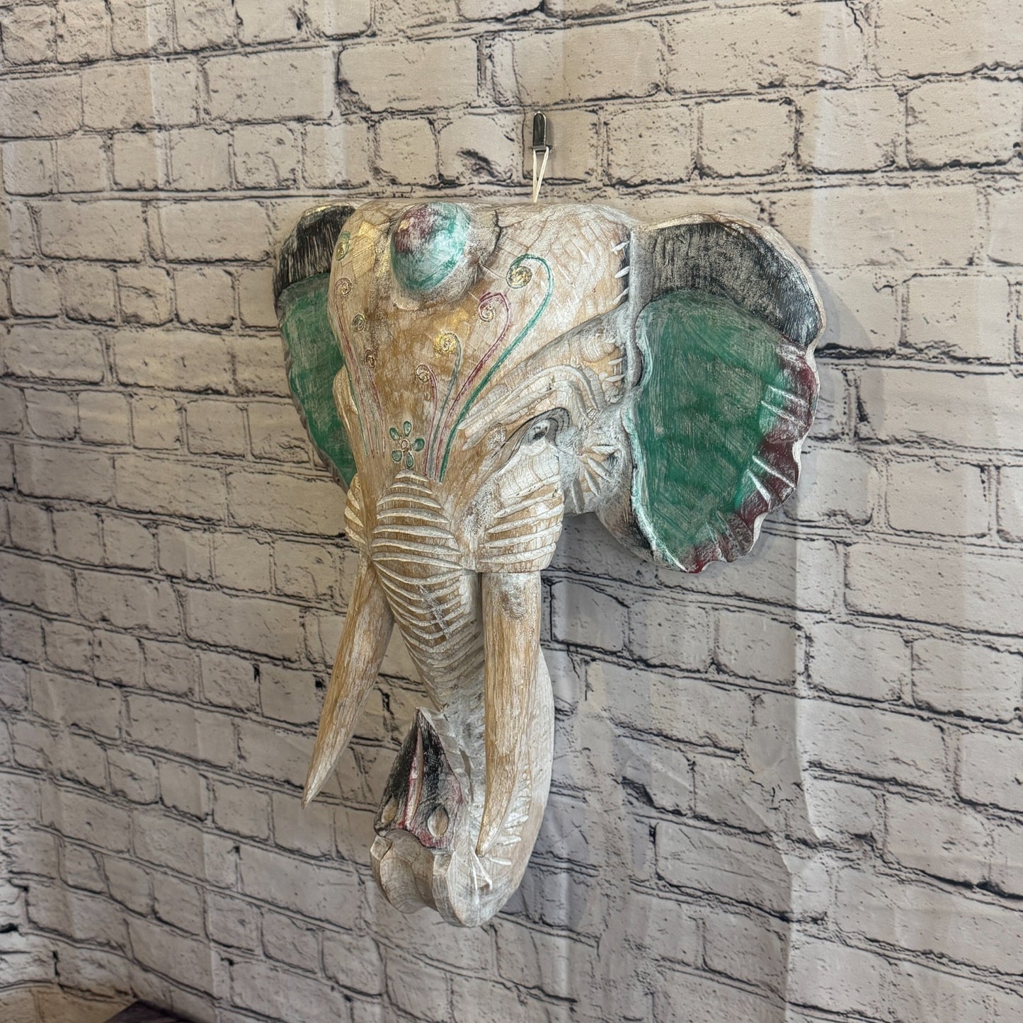 50cm x 45cm Silver Green Painted Wood Elephant Head Wall Mounted Art Shabby1