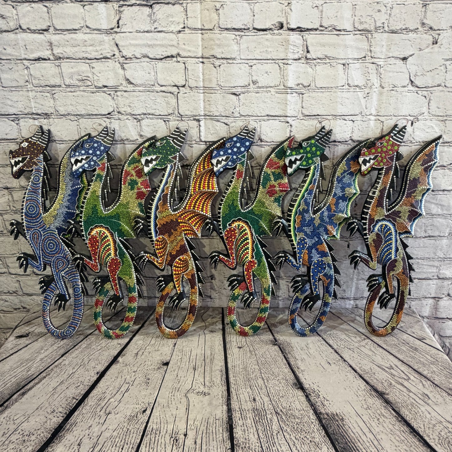 45cm Dragon Carved Wooden Dot Painted Ethnic Tribal Tiki Wall Art No 66