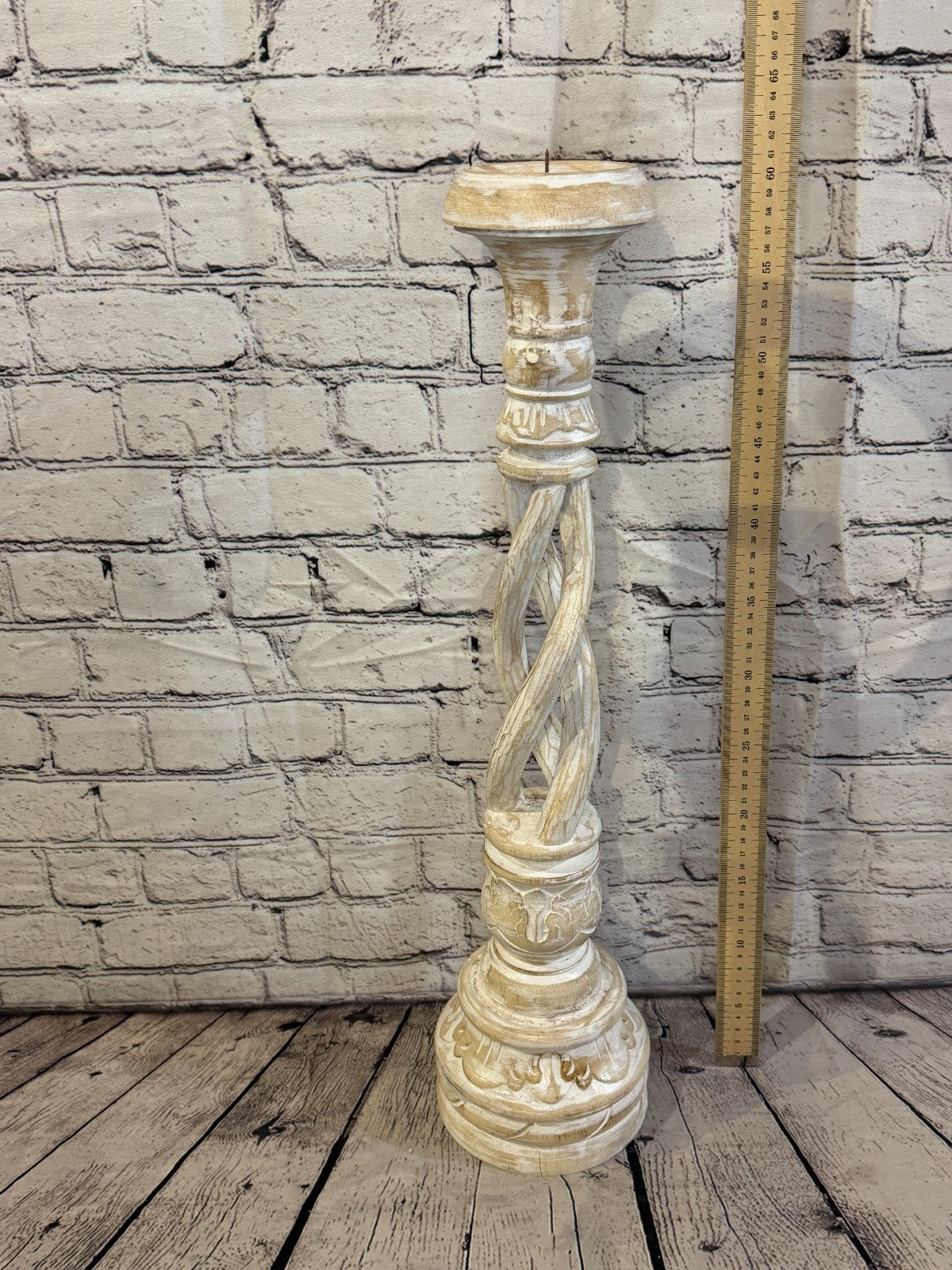 60cm x 15cm White Twist Wooden Vintage Style Candle Stand Shabby Pillar Holders3