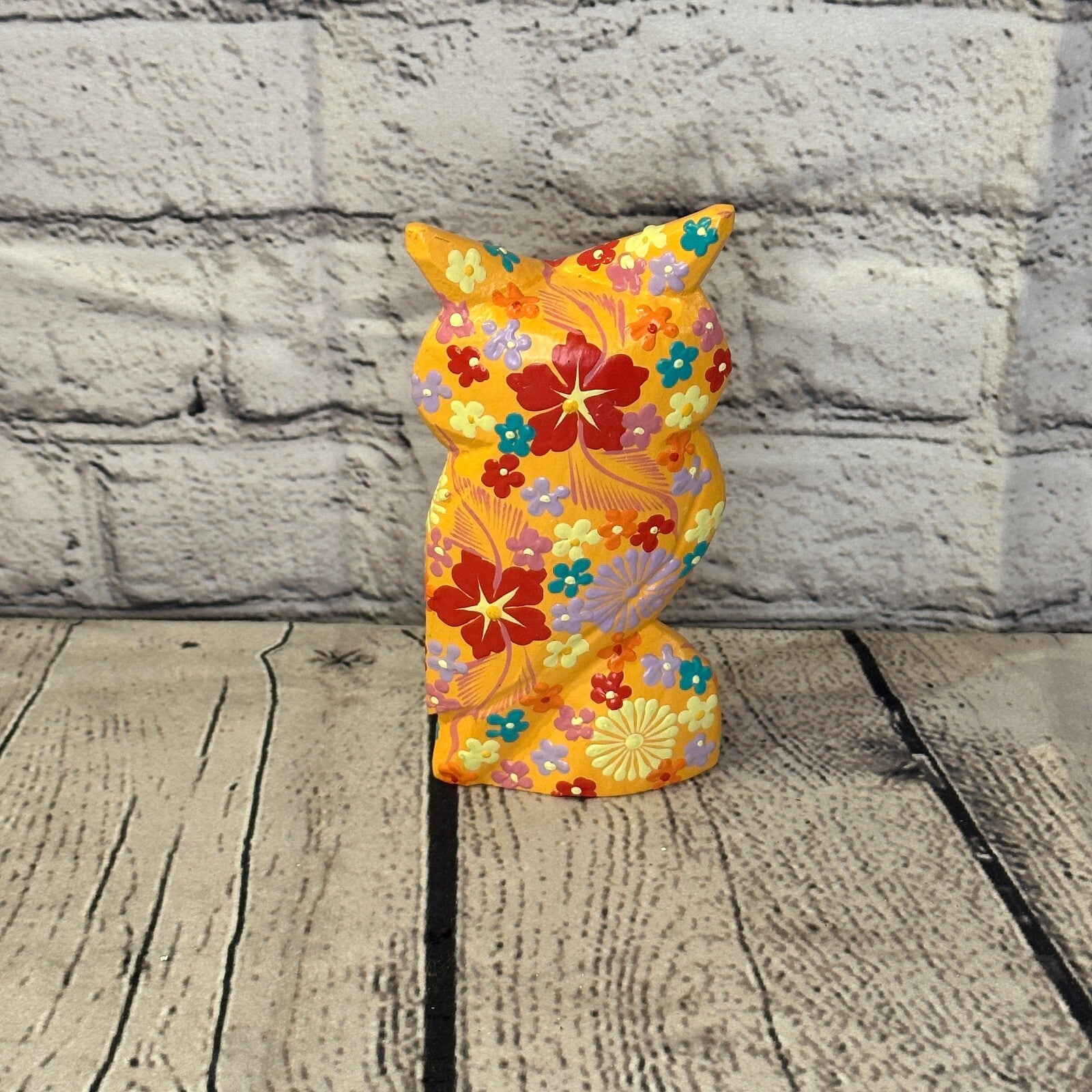 Orange Small Wooden Owl With Flower Pattern 12cm x 8cm Handmade and Fairtrade4