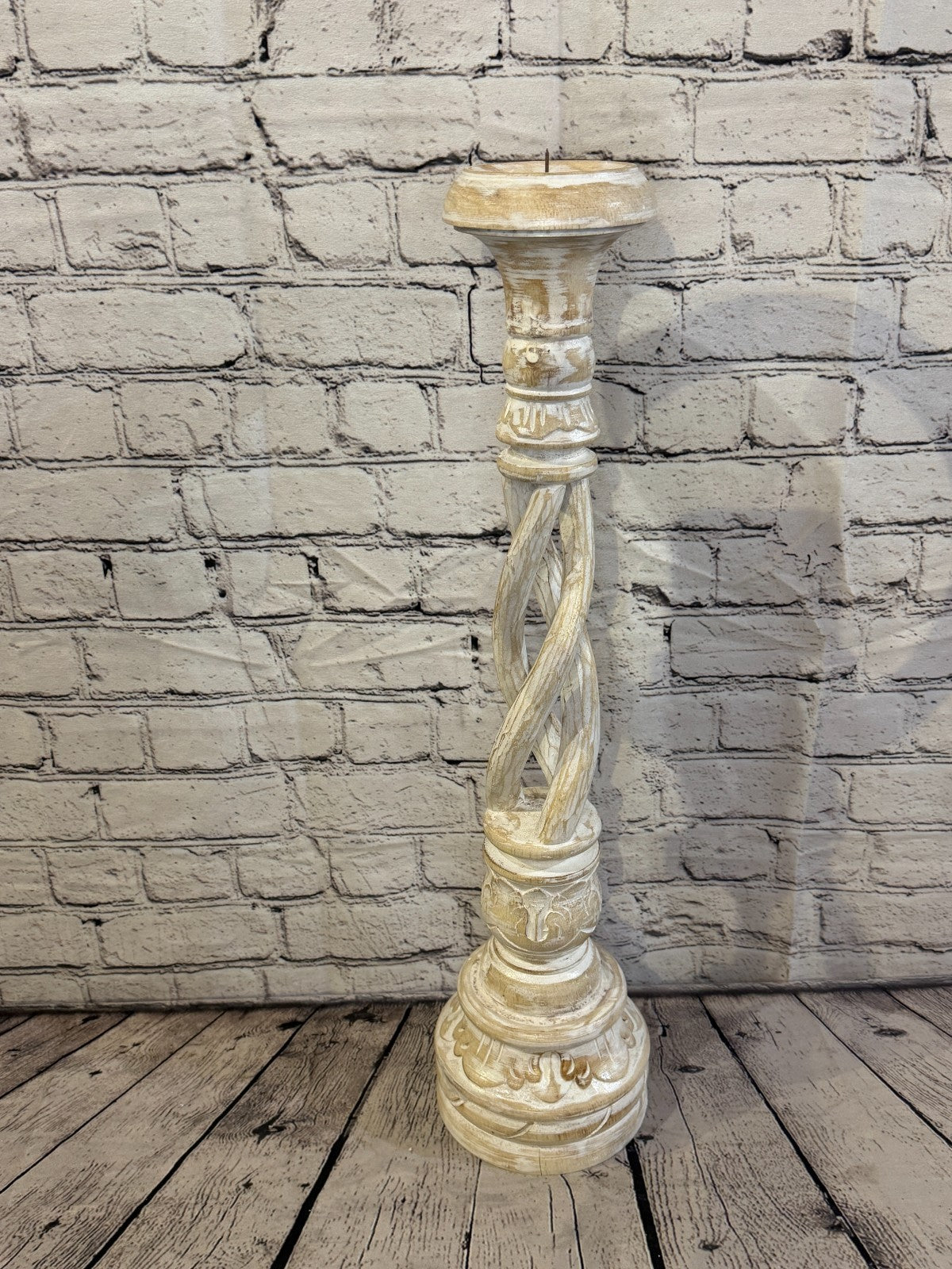 60cm x 15cm White Twist Wooden Vintage Style Candle Stand Shabby Pillar Holders2