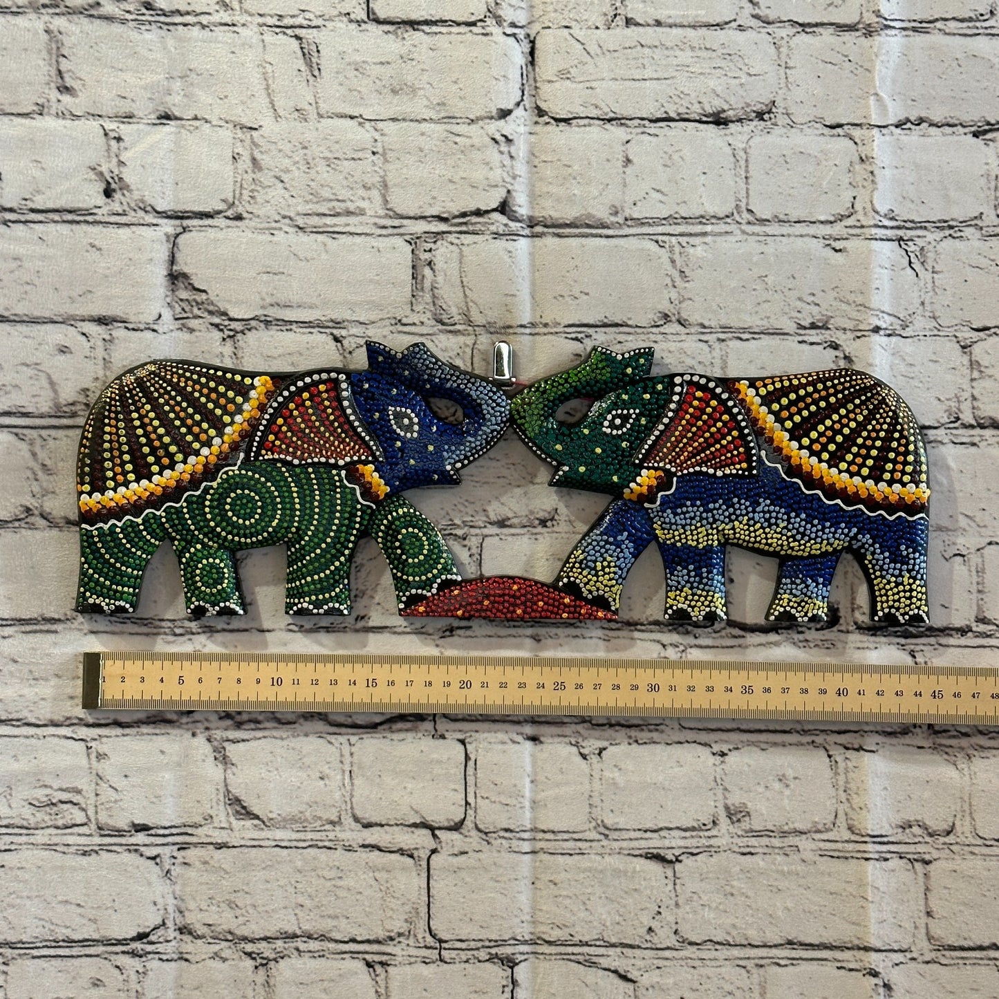 45cm 2 Elephants Carved Wooden Dot Painted Ethnic Tribal Tiki Wall Handmade No 33