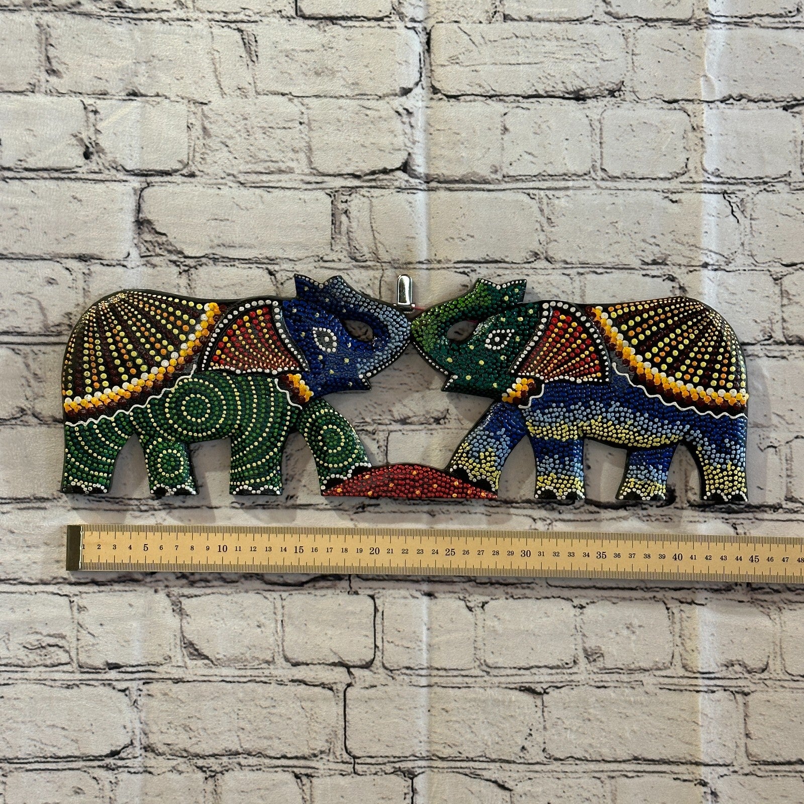 45cm 2 Elephants Carved Wooden Dot Painted Ethnic Tribal Tiki Wall Handmade No 33