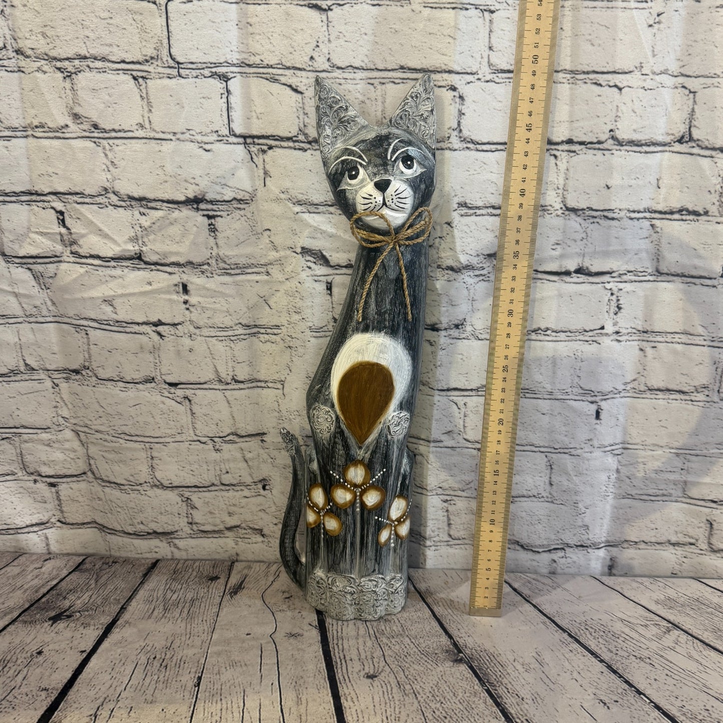 50cm Grey Silver Dots Wooden Shabby Cat Statue Ornament Fair Trade Handcarved5