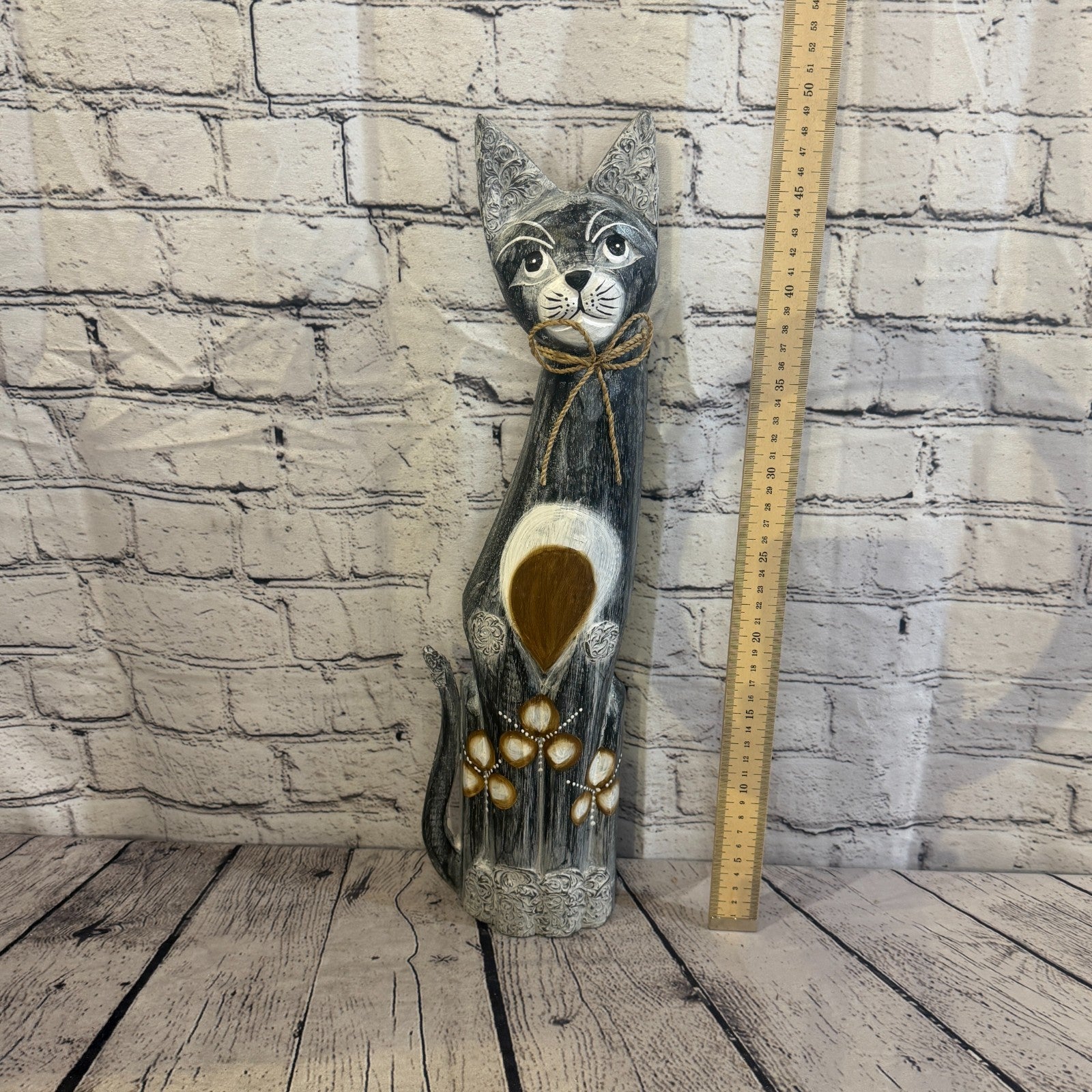 50cm Grey Silver Dots Wooden Shabby Cat Statue Ornament Fair Trade Handcarved5